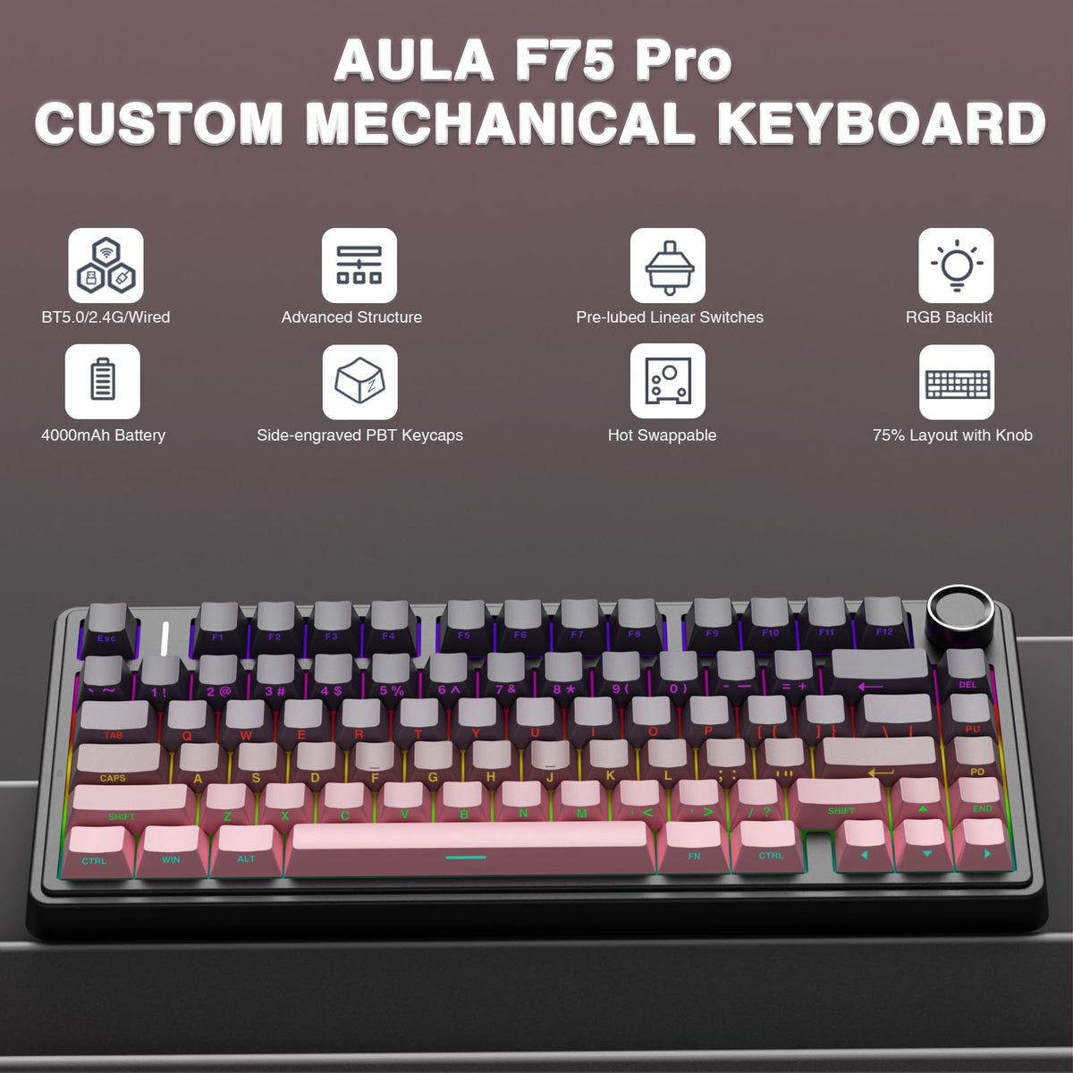 AULA F75 75% Wireless Mechanical Keyboard,2.4Ghz/Type-C/BT5.0 Gaming Keyboards,Advanced Structure,RGB Backlight,Hot Swappable Custom Keyboard for PC/Mac (Cool Black)