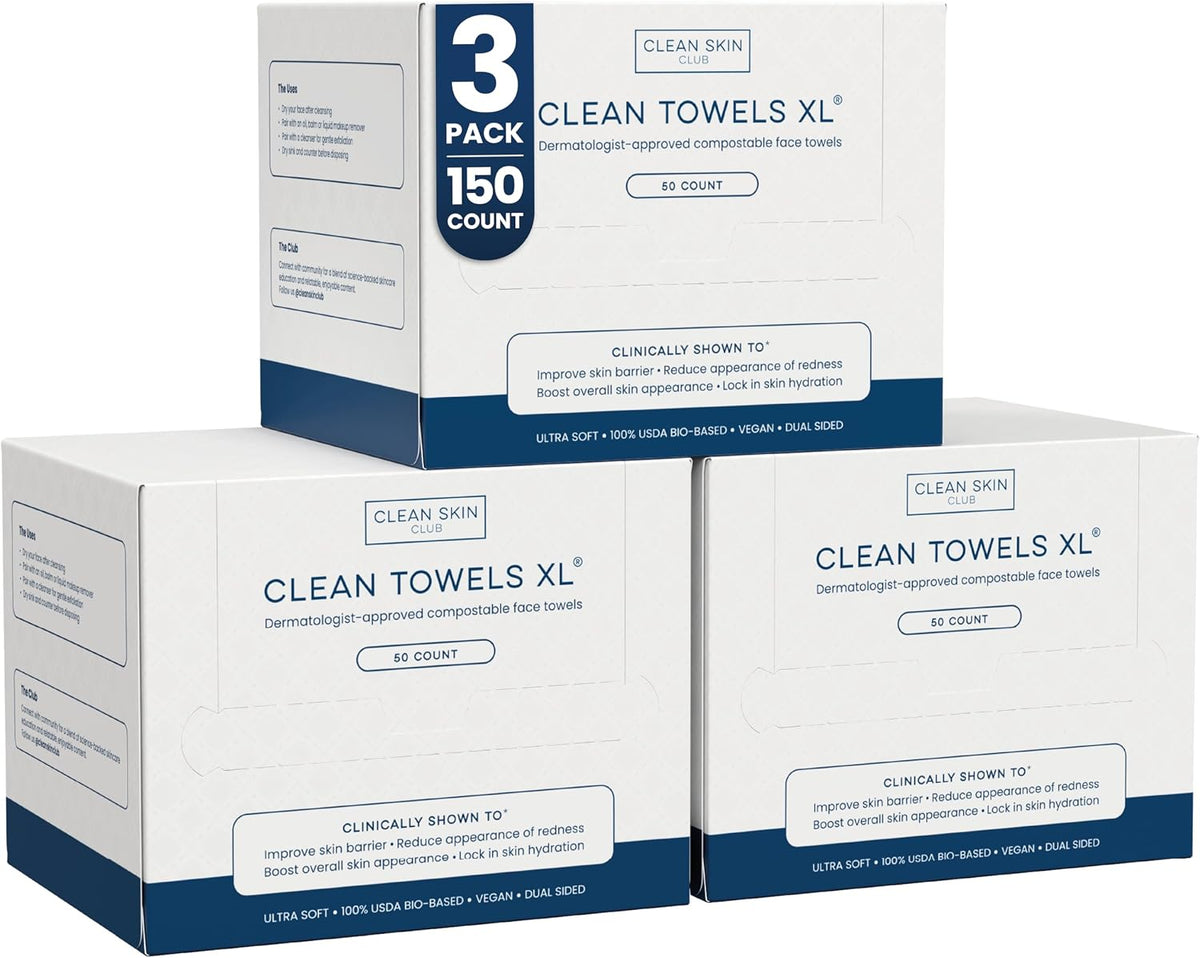 Clean Towels XL®, 100% USDA Biobased Face Towel, Disposable Face Towelette, Eczema Association Accepted, Makeup Remover Dry Wipes, Ultra Soft, 50 ct per pack, 3 Packs, 150 Ct Total