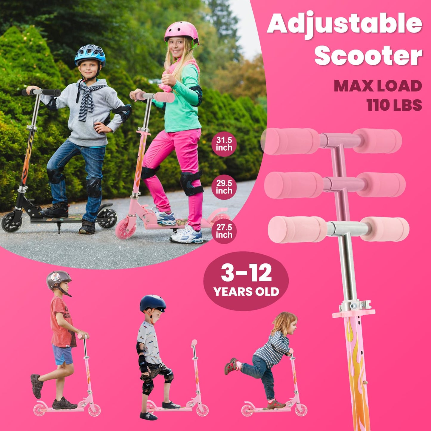 TENBOOM Kids Scooter with LED Light-Up Wheels — Adjustable Height, Aluminium Frame