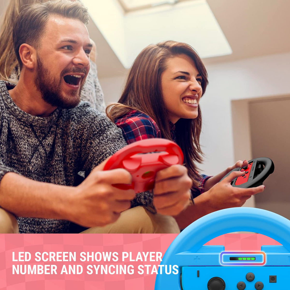 Orzly Racing Steering Wheels – Compatible with Switch 2 (2025 Console) – Party Pack of 4 Joy-Con Controller Attachments for Racing Games (2 Black, 1 Blue, 1 Red)