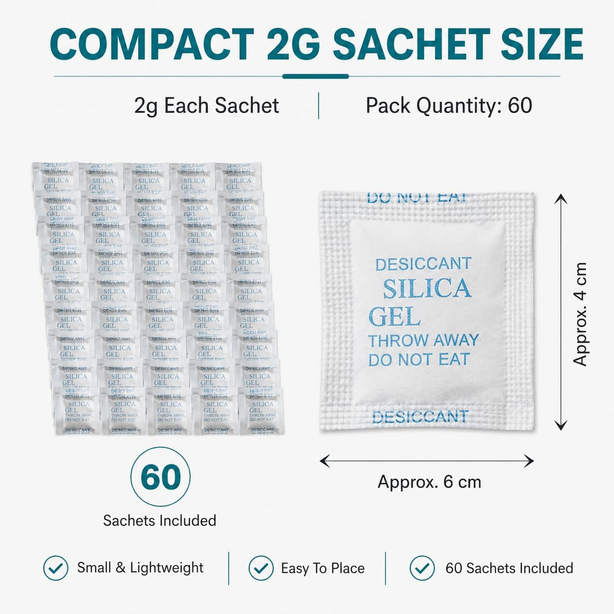 60 Pack 2g Silica Gel Moisture Absorber Desiccant Sachets