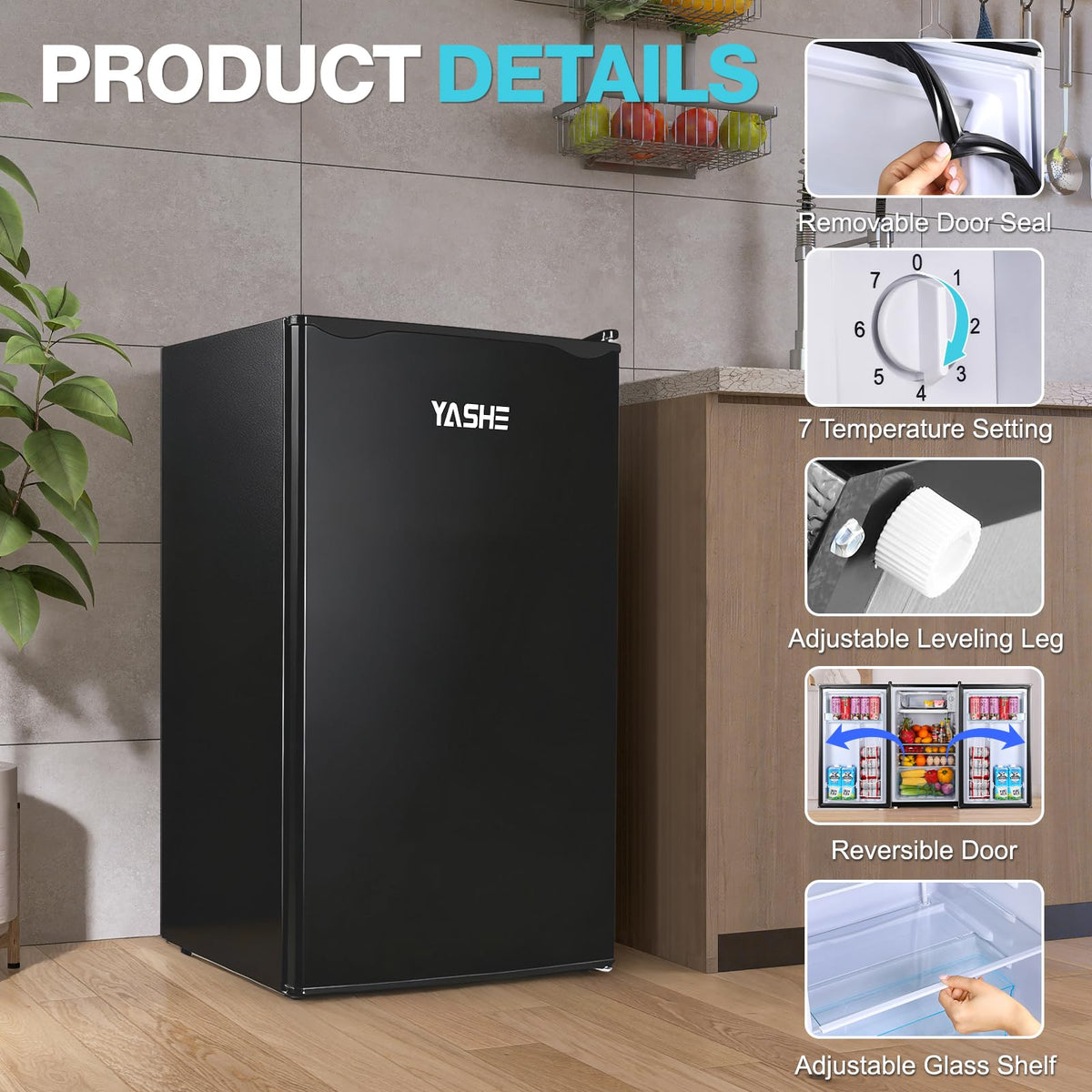 YASHE 92L Mini Fridge with Freezer, Single Door Compact Refrigerator, Small Fridge with Adjustable Thermostat, Large Capacity, Reversible Door, Mini Refrigerator for Bedrooms, Offices, Dorms, Silver