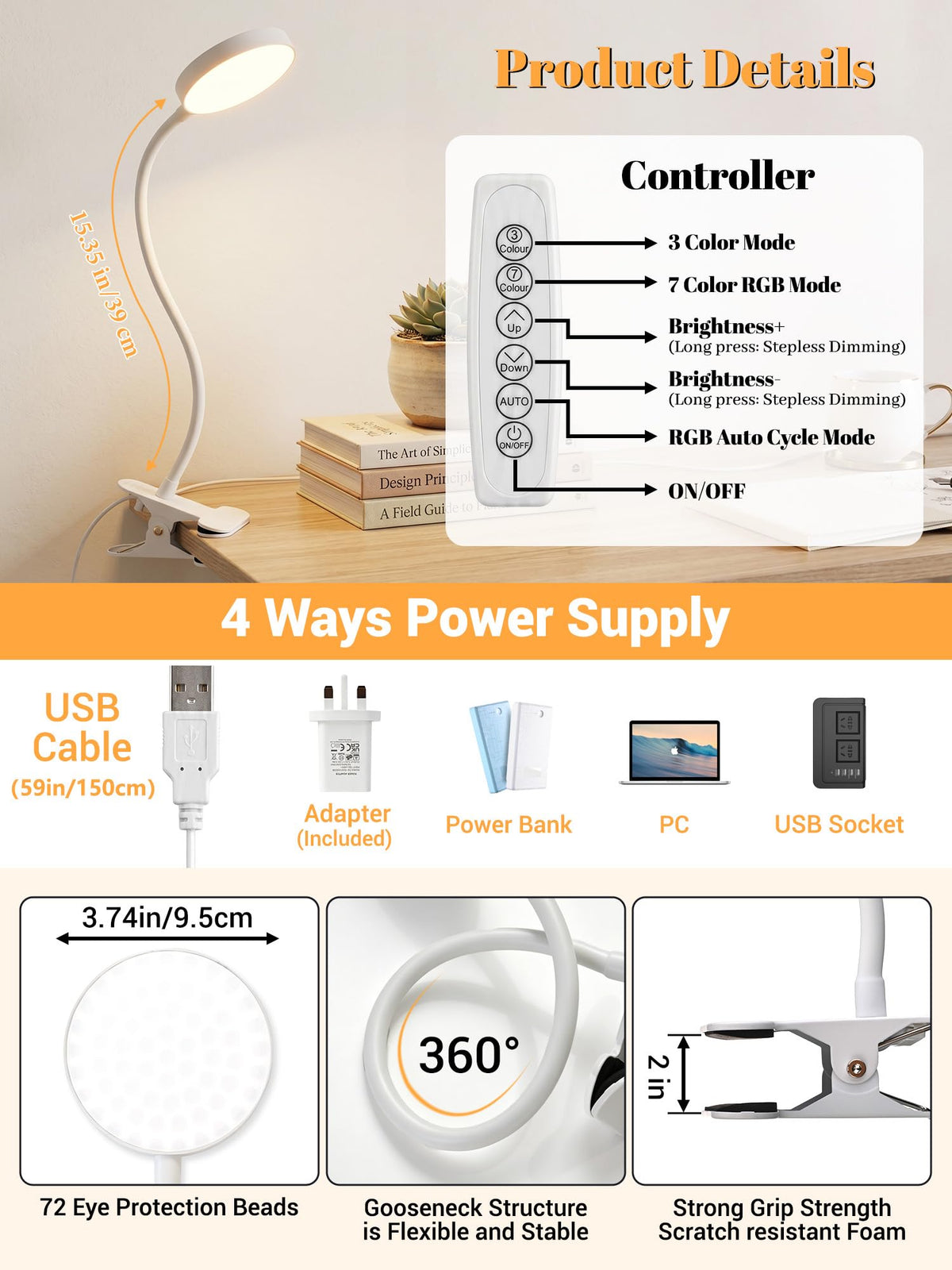 Reading Light,10 RGB Colors Desk Lamp with Clamp,10 Dimmable Clip on Light