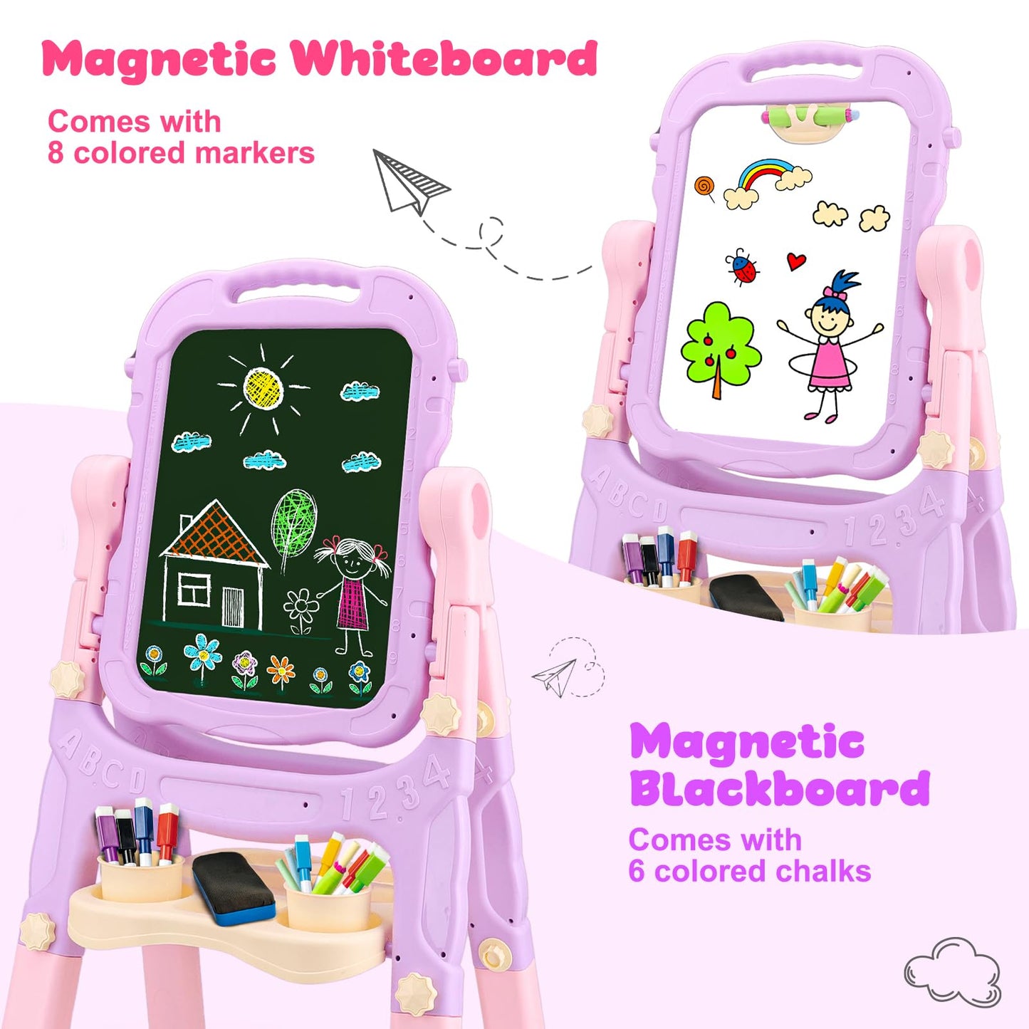 4 in 1 Kids Easel with Magnetic Whiteboard Chalkboard, Toddler Art Easel for Kids with Height Adjustable & 360°Rotatable Drawing Writing Painting Accessories, Gifts for 2 3 4 5 6 7 Year Old Boys Girls