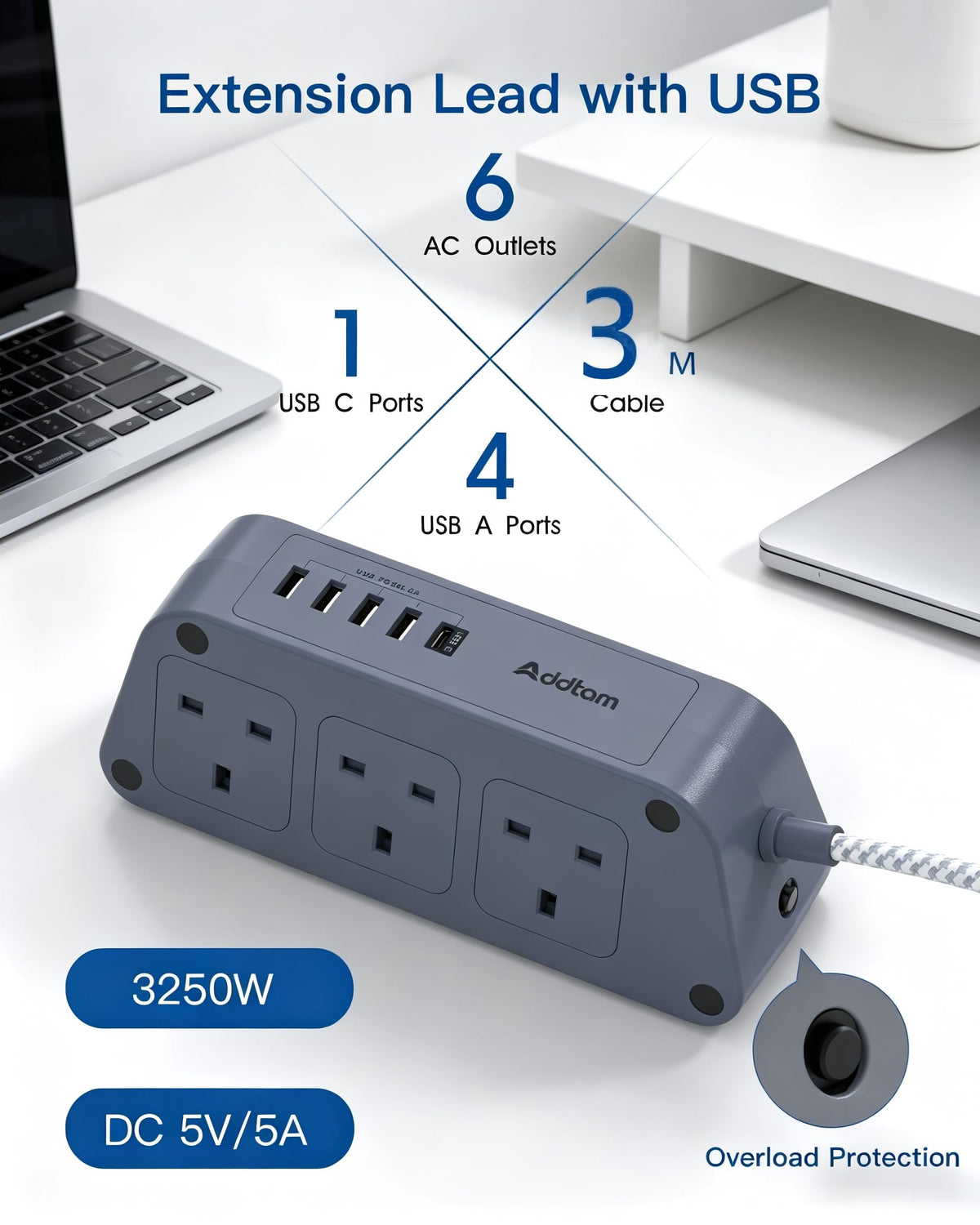Addtam Extension Lead with USB Slots, 6 Way Outlets 5 USB(5A, 3USB- C Port)