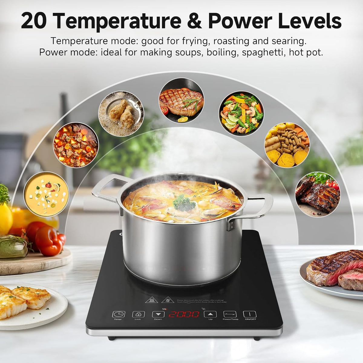 AMZCHEF Single Induction Cooker, Ultra-thin Induction Hob with Fashion Look, 20-level Power and Temperature Control, Black Frosted Glass Panel, Touch Sensor, 3-hour Timer, Safety Lock