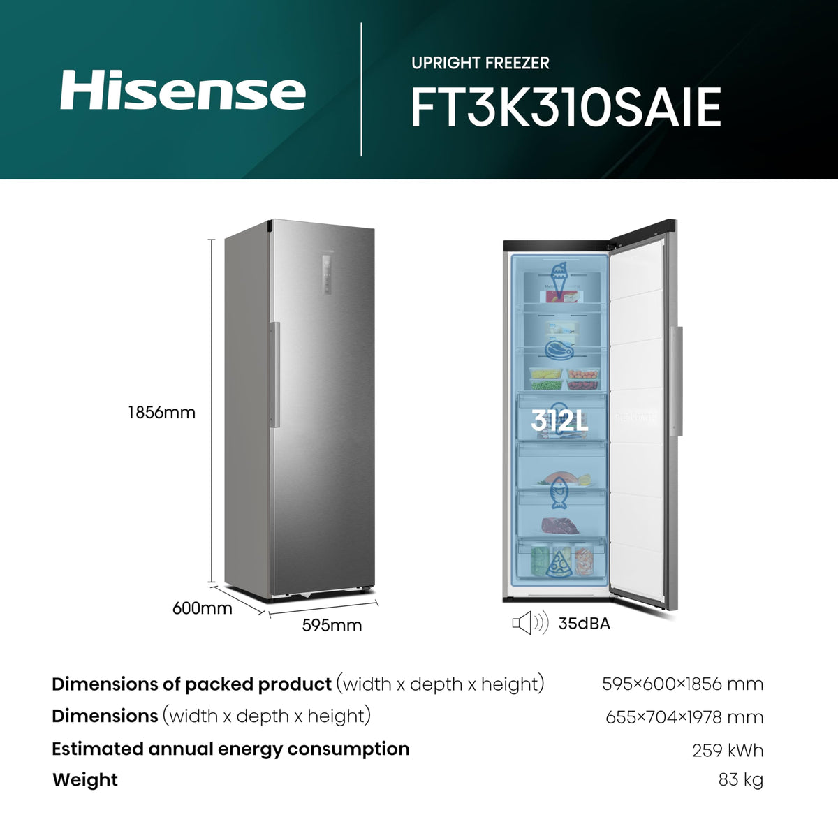 Hisense FV298N4ACE Tall Freestanding Freezer 240 Litre Capacity Total No Frost with LED Display 59D x 59.5W x 172H cm - Stainless Steel, Silver