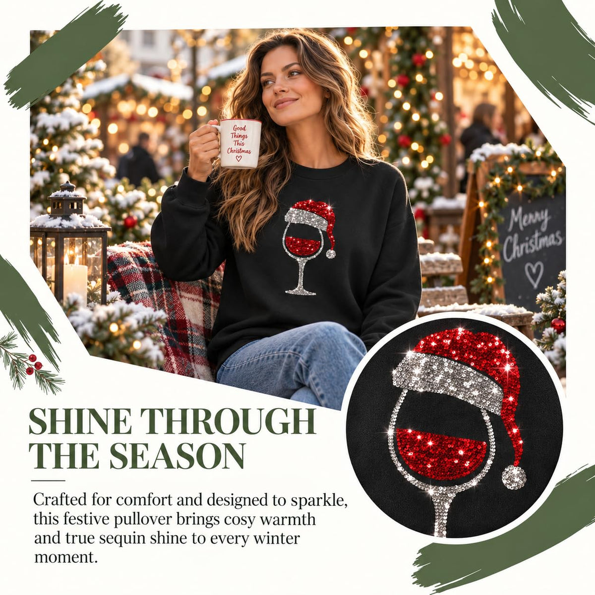 Christmas Jumpers Women Wine Graphic Sequin Sweatshirts Ladies Xmas Tops