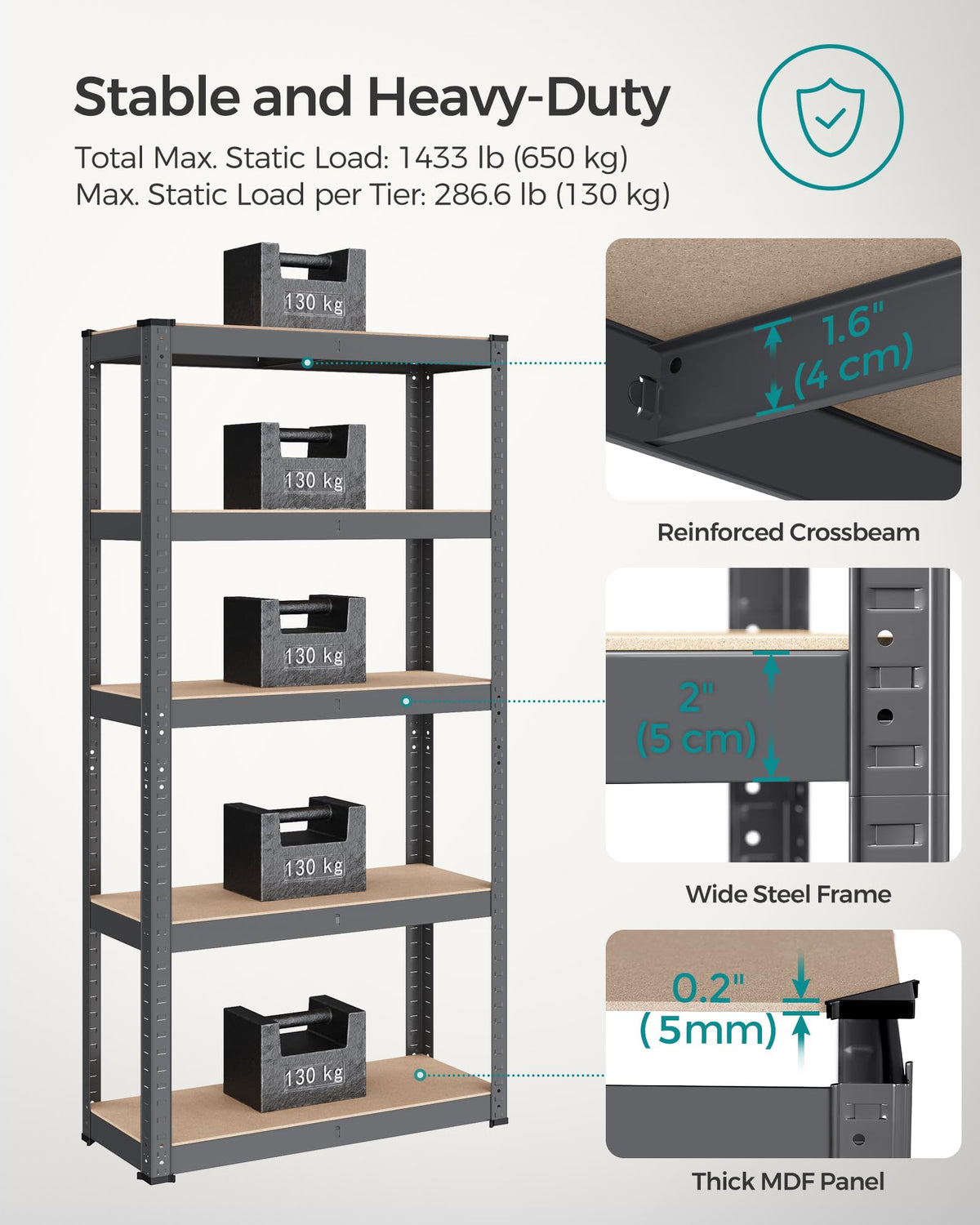 SONGMICS 5-Tier Heavy-Duty Shelving Units, Set of 2, Boltless Assembly