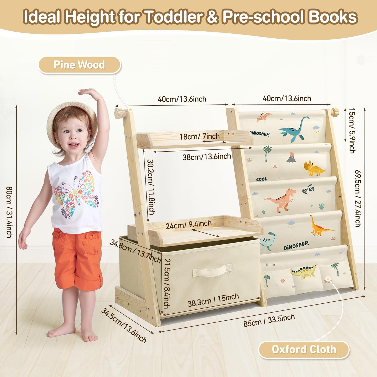 Kids Bookshelf and Toy Storage, Montessori Wooden Children Bookcase and Toy Organizer, 4-tier Toddler Sling Book Shelf with a Large Storage Box for Nursery, Bedroom, Playroom (Terrazzo)