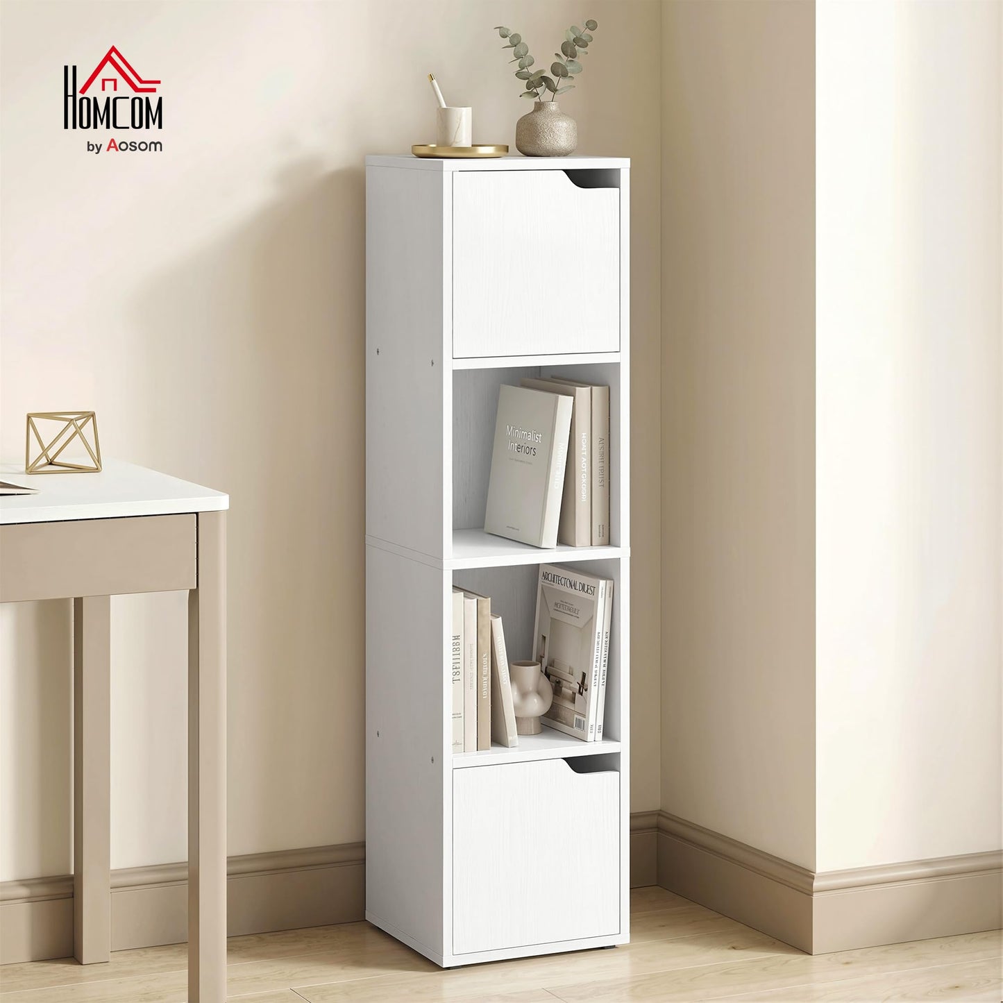HOMCOM Bookcase with 2 Cabinets and Doors, 4-Tier Bookshelf, Storage Cabinet with Open Shelves and Anti-Tipping Design, for Living Room, Bedroom, Home Office, White