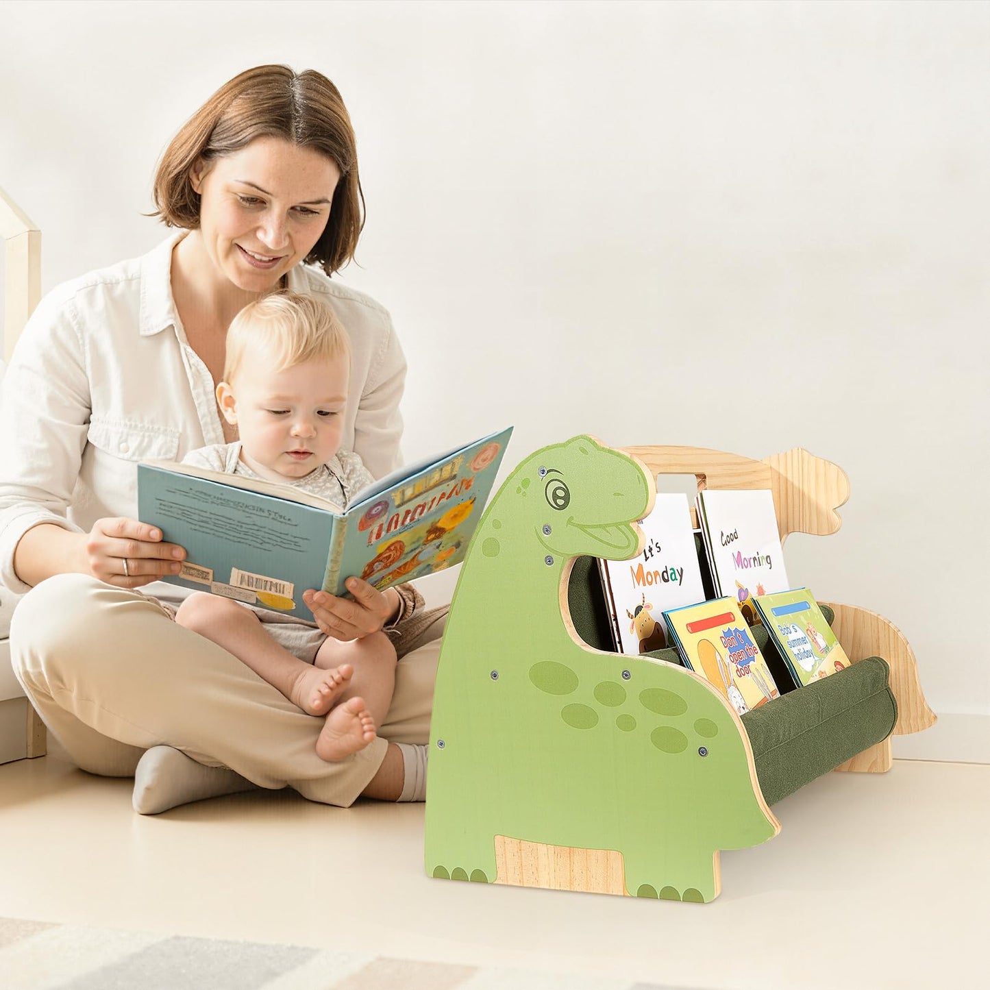 MHJY Kids Bookshelf – Wooden Double-Sided Sling Book Rack with Canvas Storage, Toddler Bookcase for Nursery, Bedroom, Playroom – Montessori Style Children’s Book Organiser