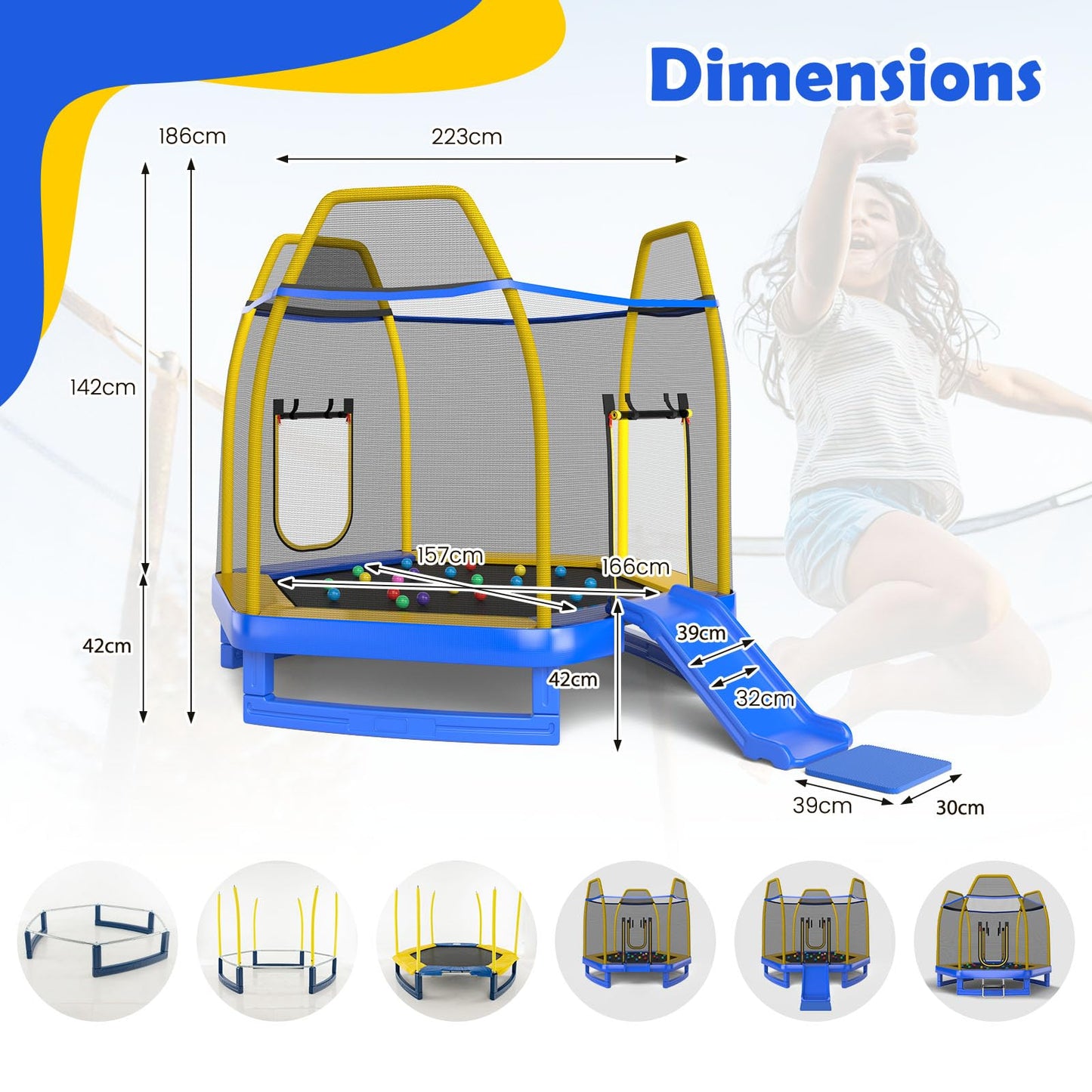 COSTWAY 7ft Kids Trampoline, Hexagonal Trampolines with Slide, Ladder, Safety Enclosure Net and Ocean Balls, Toddler Jumping House for Indoor Outdoor