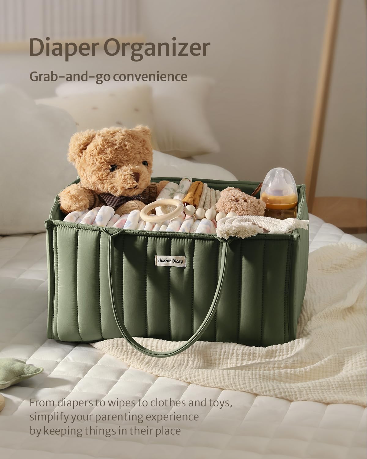 Blissful Diary Nappy Caddy Organiser, Baby Diaper Caddy for Nappy Station, Stylish Storage Basket for Newborn Essentials, Baby Shower Gifts for Girl or Boy, Woodland Cream