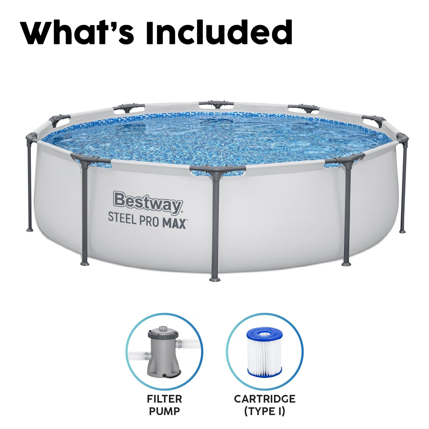 Bestway MAX Steel Pro Round Frame Swimming Pool with Filter Pump, Grey, 10 ft, Multicolour
