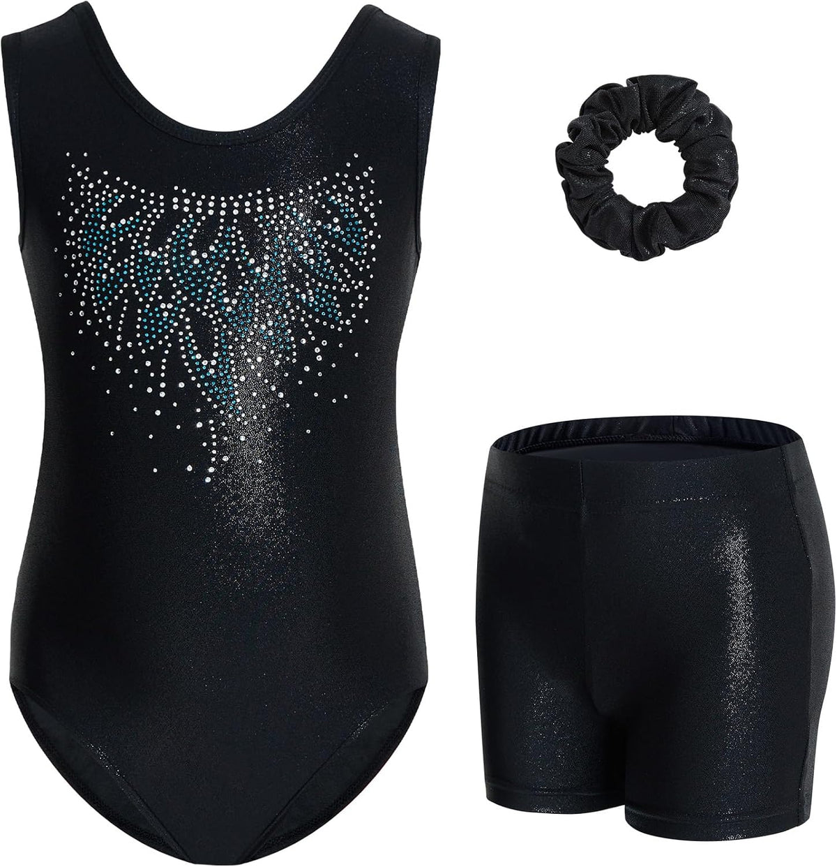 Gogokids Girls' Three-Piece Gymnastics Set, Sleeveless Leotards with Shorts and Hairband, Sparkling Ballet Dancing Unitards - Gymnastics Outfit with Gradient Color Design for 3-12 Years