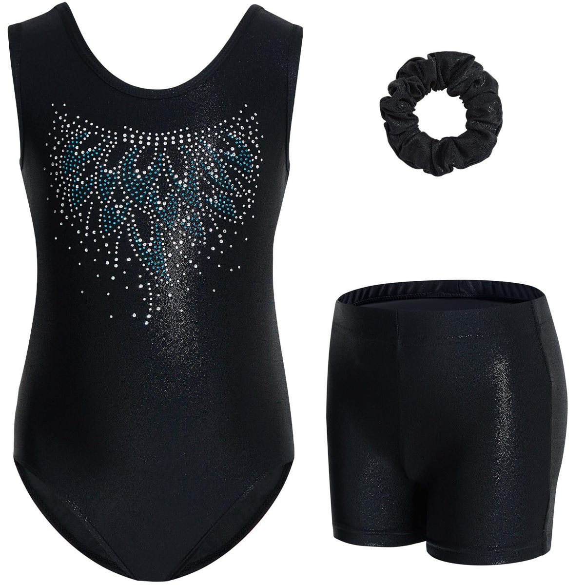 Gogokids Girls' Three-Piece Gymnastics Set, Sleeveless Leotards with Shorts and Hairband, Sparkling Ballet Dancing Unitards - Gymnastics Outfit with Gradient Color Design for 3-12 Years