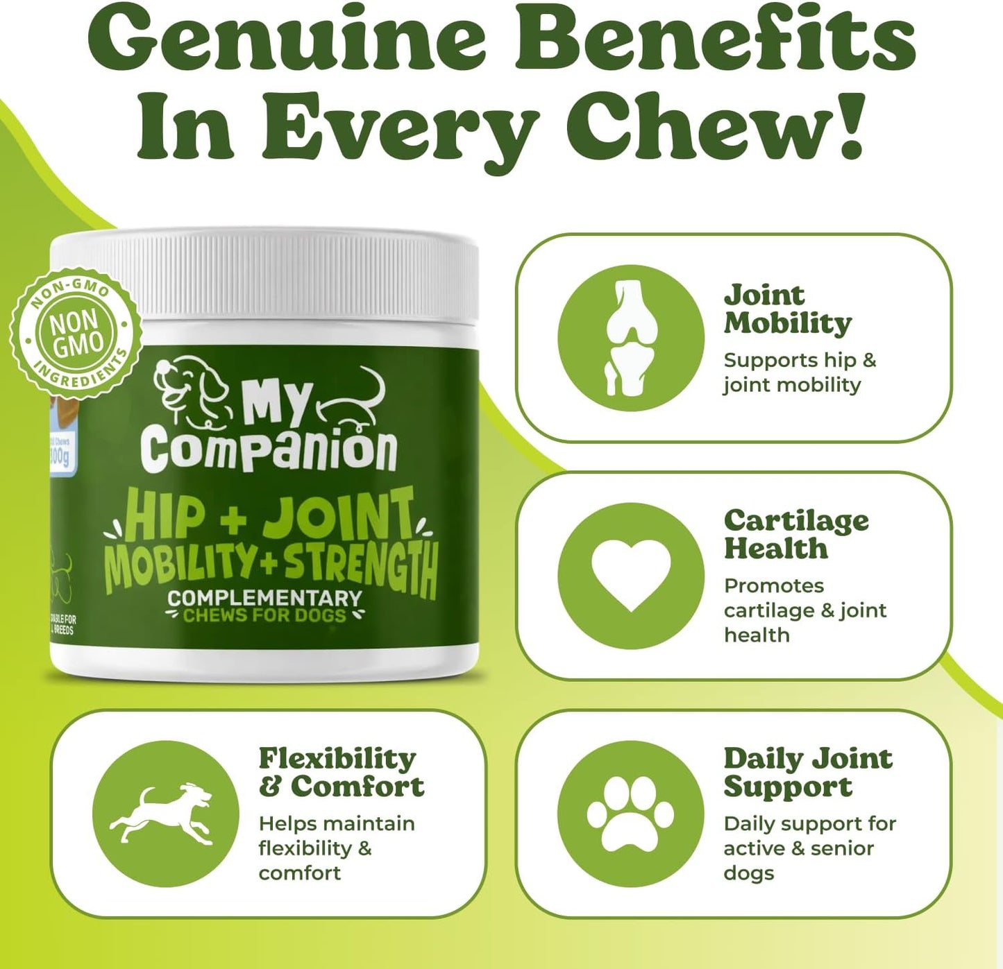 MyCompanion Hip & Joint Supplement for Dogs – Glucosamine, Turmeric & MSM – Supports Mobility, Flexibility & Joint Health – 120 Chicken Flavour Chews, 300g