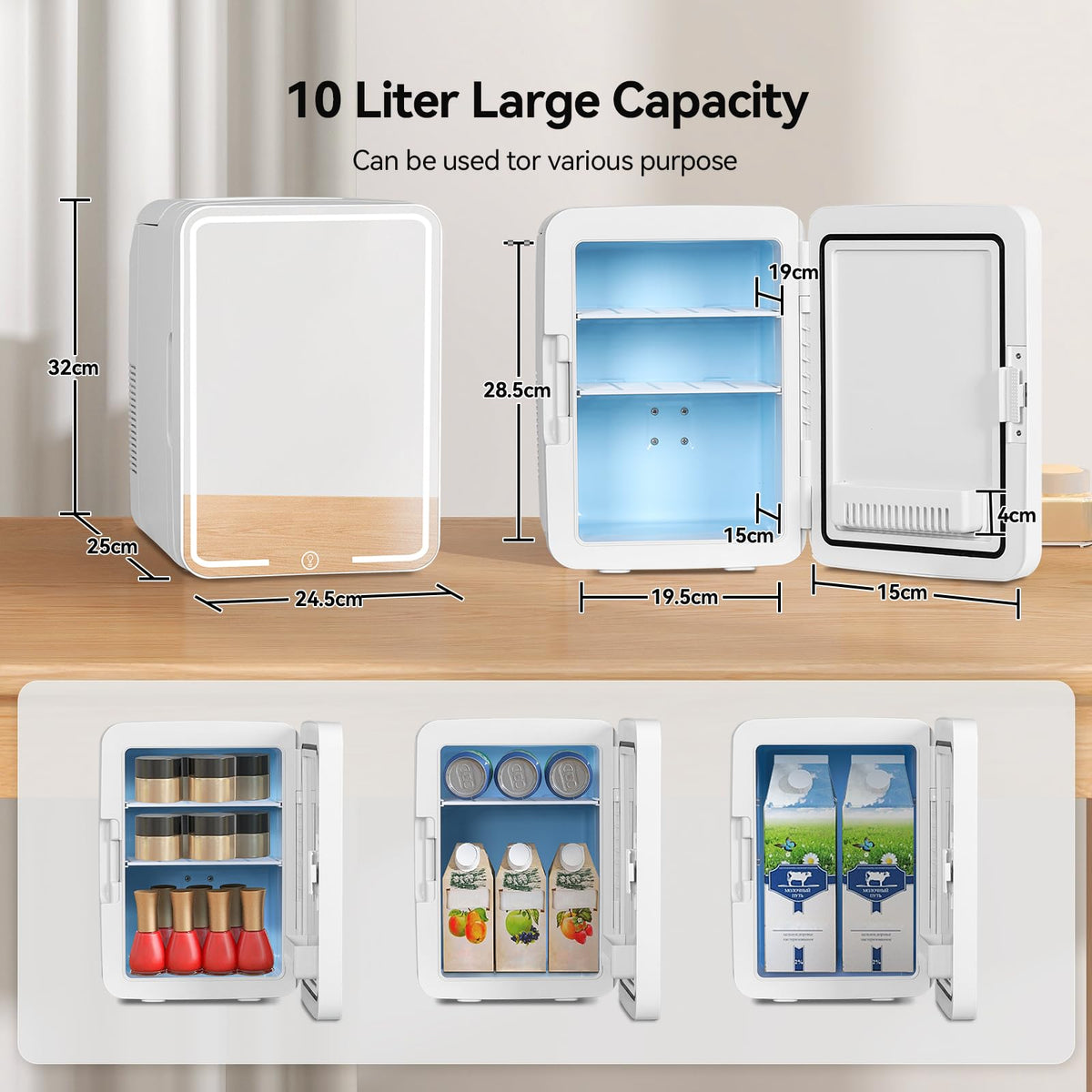 4 Liter Mini Fridge with Dimmable LED Mirror, AC/DC Skincare Fridge