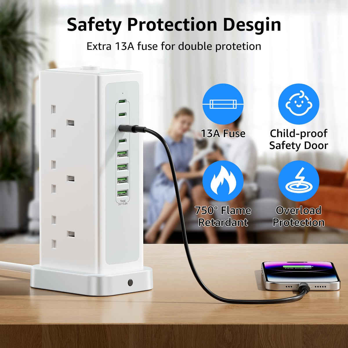 Tower Extension lead with USB Slots,6 Way Plug Extension Socket 3 Metres