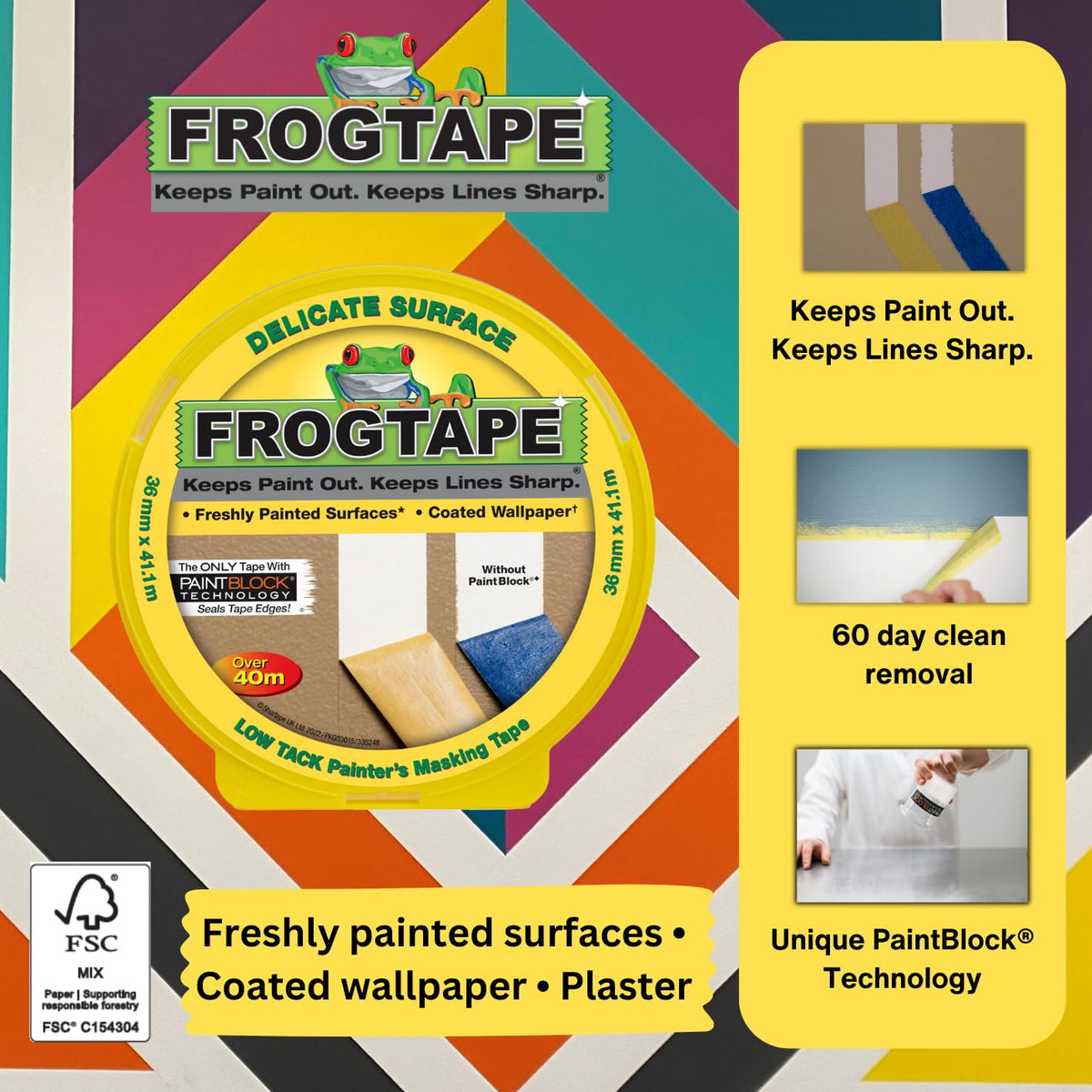 Frog Tape Yellow Delicate Surface Painters Masking Tape 24mm x 55m. Indoor painting and decorating for sharp lines and no paint bleed