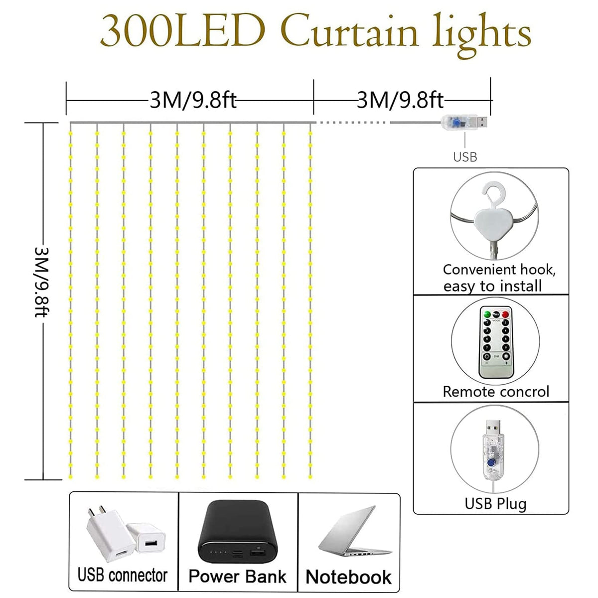 Lezonic Curtain Fairy Lights, 3m×3m 300LED Curtain String Lights Plug in