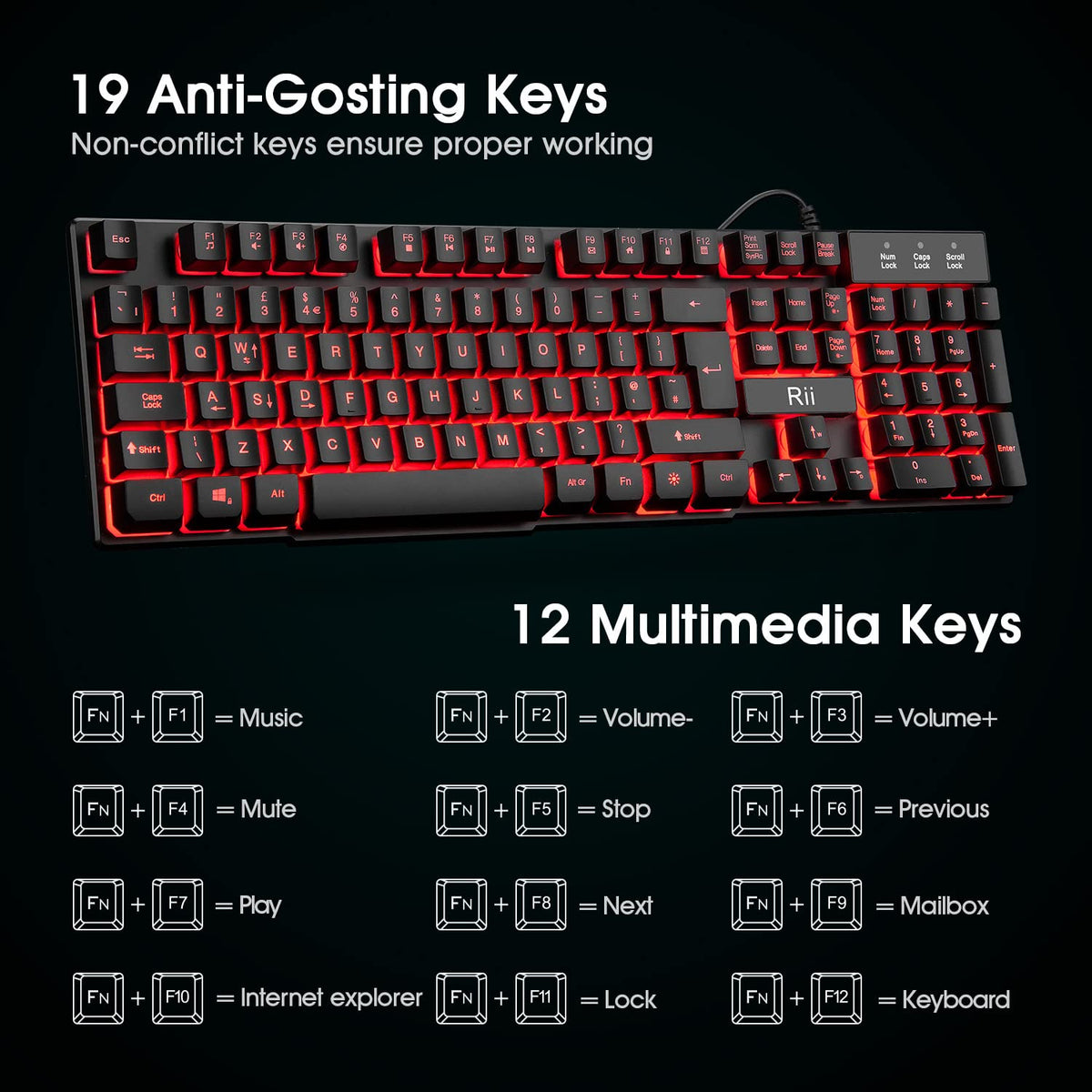 Rii Gaming Keyboard,USB Wired Keyboard with Rainbow LED Backlit Mechanical Feeling for Working Gaming (UK Layout)