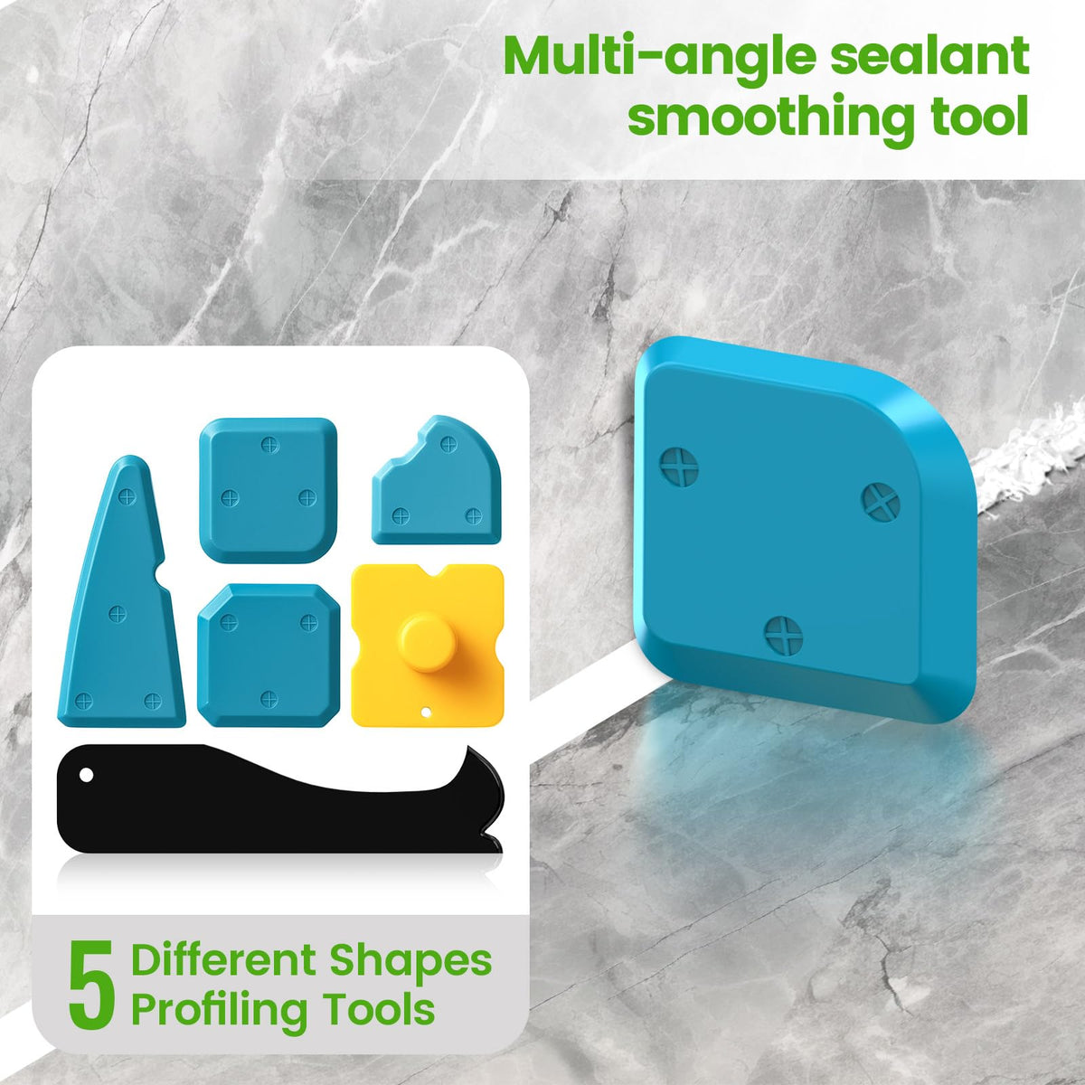 Caulking Tool 5 in 1 Silicone Caulking Grout Removal Sealant Finishing Tool with Grout Scraper, 6 Exchange Silicone Pads, Adhesive Residue Scraper Seam Repair Kit for Kitchen Bathroom