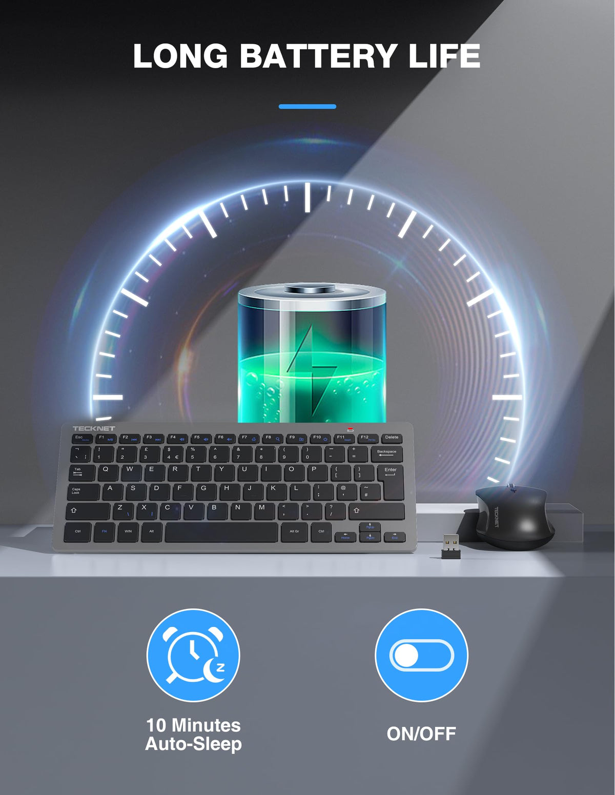 TECKNET Mini Wireless Keyboard and Mouse Set, 2.4G Cordless USB, Black