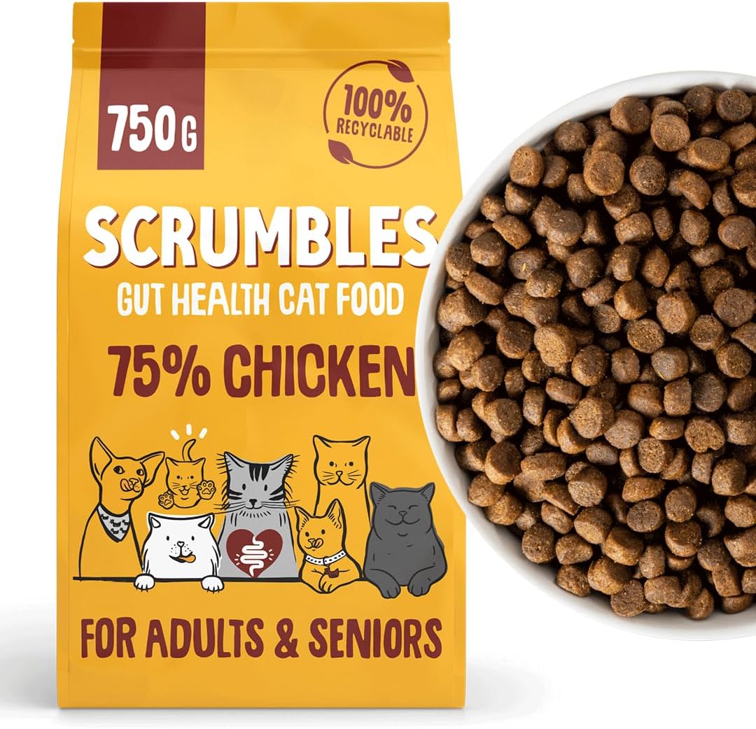 Scrumbles • Dry Cat Food • Hypoallergenic • All Lifestages • Chicken 75% • 750g Bag • Natural Complete Adult Recipe • Gut Friendly Prebiotics & Probiotics • Gluten Free