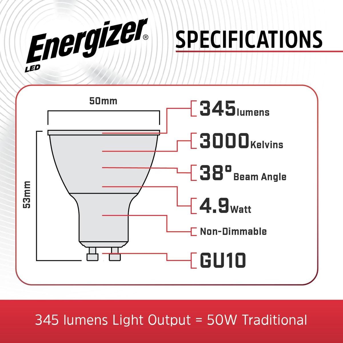 Energizer GU10 LED Bulbs Daylight White - 6500K 50W Halogen Spotlight Equivalent – 345LM - Non Dimmable. Pack of 5