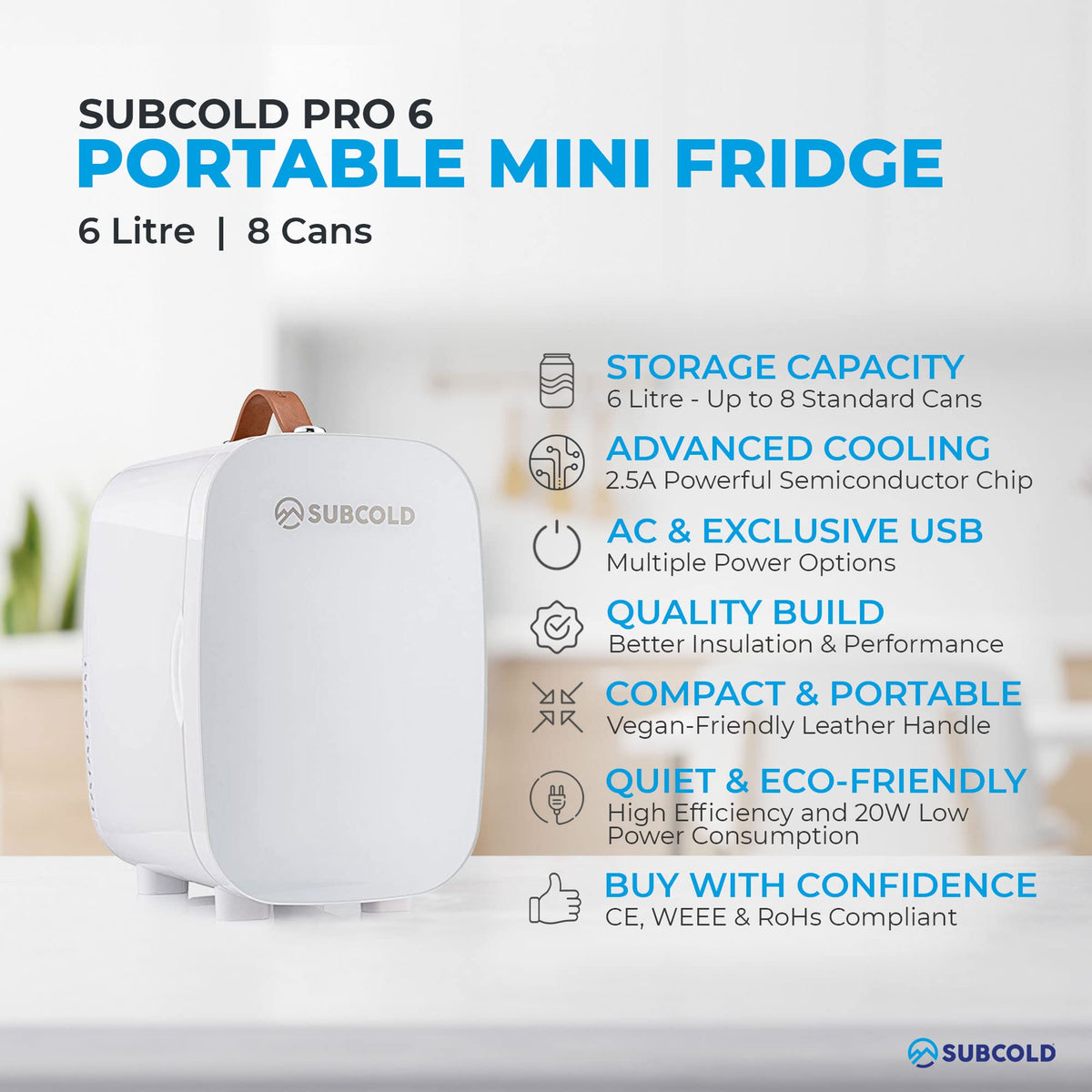 Subcold Pro4 Mini Fridge 4L, Quiet Small Fridge for Bedroom, AC & USB