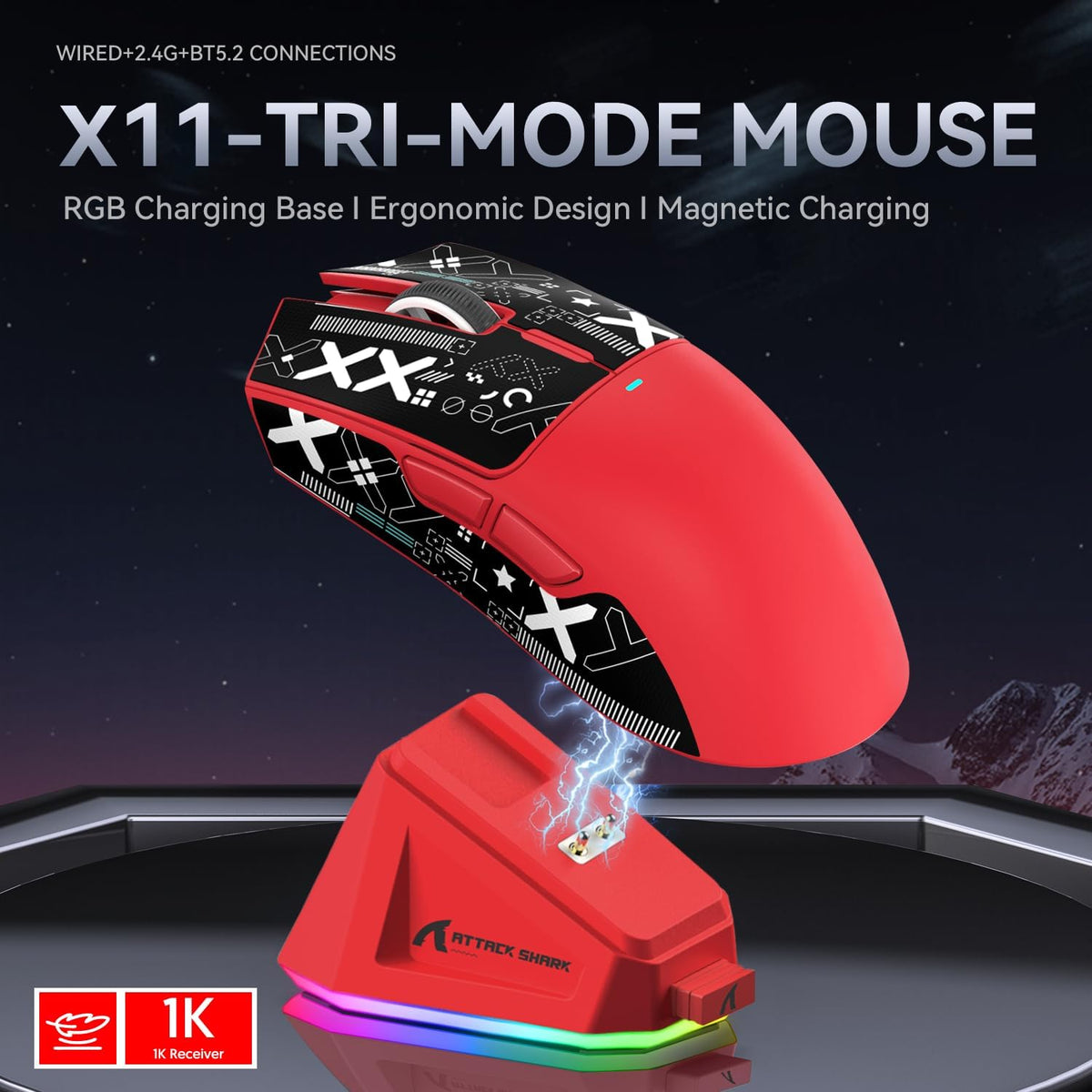 ATTACK SHARK X11 Gaming Mouse with Magnetic Charging Dock, PixArt PAW3311 Gaming Sensor, BT/2.4G Wireless/Wired Gaming Mouse with Mouse Grip Tape, 22000 DPI, Gamer Mice for Win11/Xbox/PS/Mac (Red)