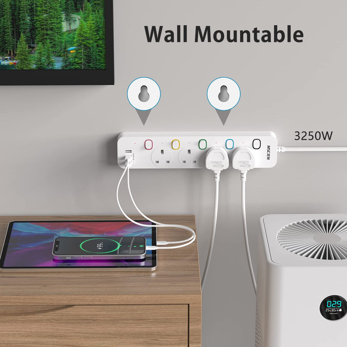 Mscien Extension Lead 1M with USB Slots 4 Way Wall Mounted, 1M Extension Lead Switched with Multiple Protection, Fused Power Strip 4 Sockets White, 13A/3250W