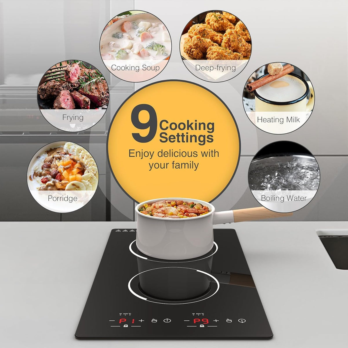 VBGK Portable Ceramic Hob, 2000W Portable Electric Hob, Electric Ceramic Hob, Single Cooking Zone with LED Display, 4-Hours Timer, Safety Lock, Residual Heat Indicator