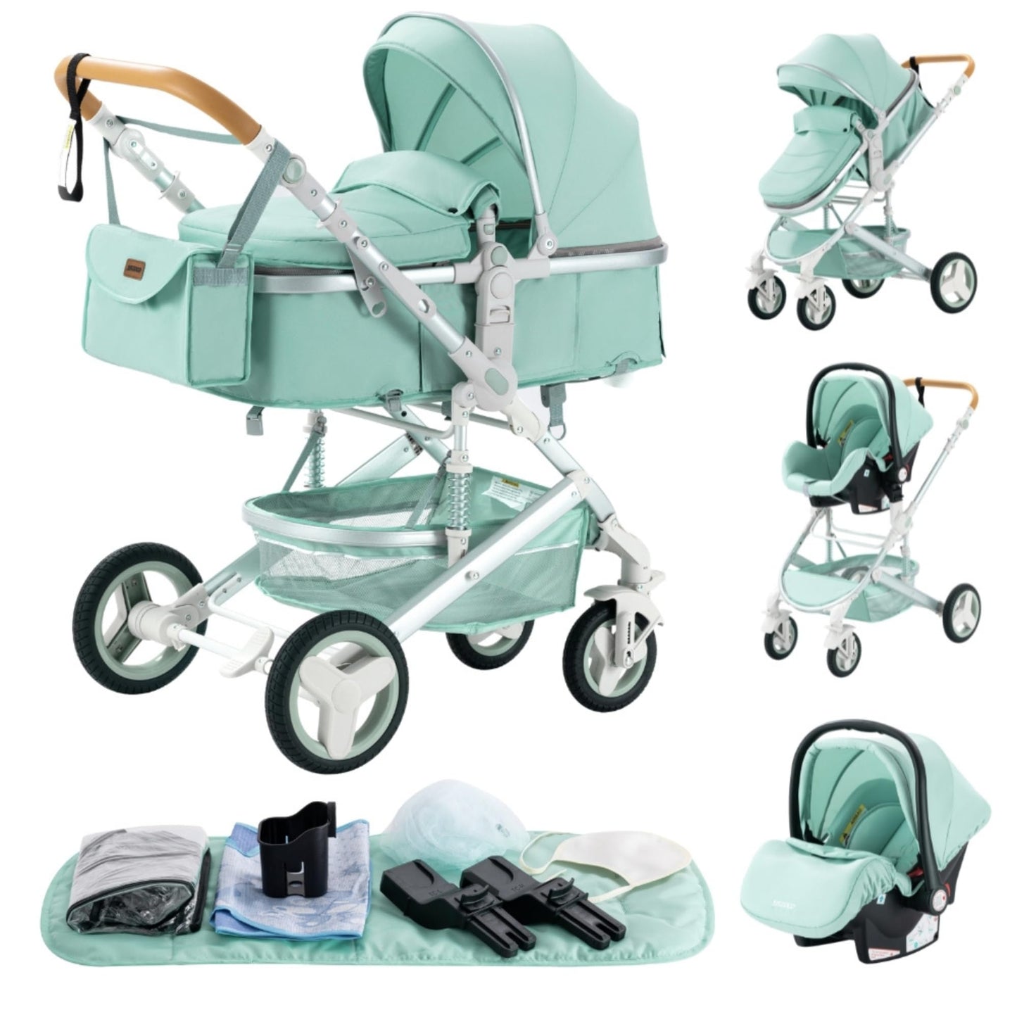 YAZOCO 3 in 1 Prams Travel System, Foldable Lightweight Baby Stroller, Adjustable Handle, Aluminum Frame for Newborn 0-4 Years Changing Bag (530 Black)