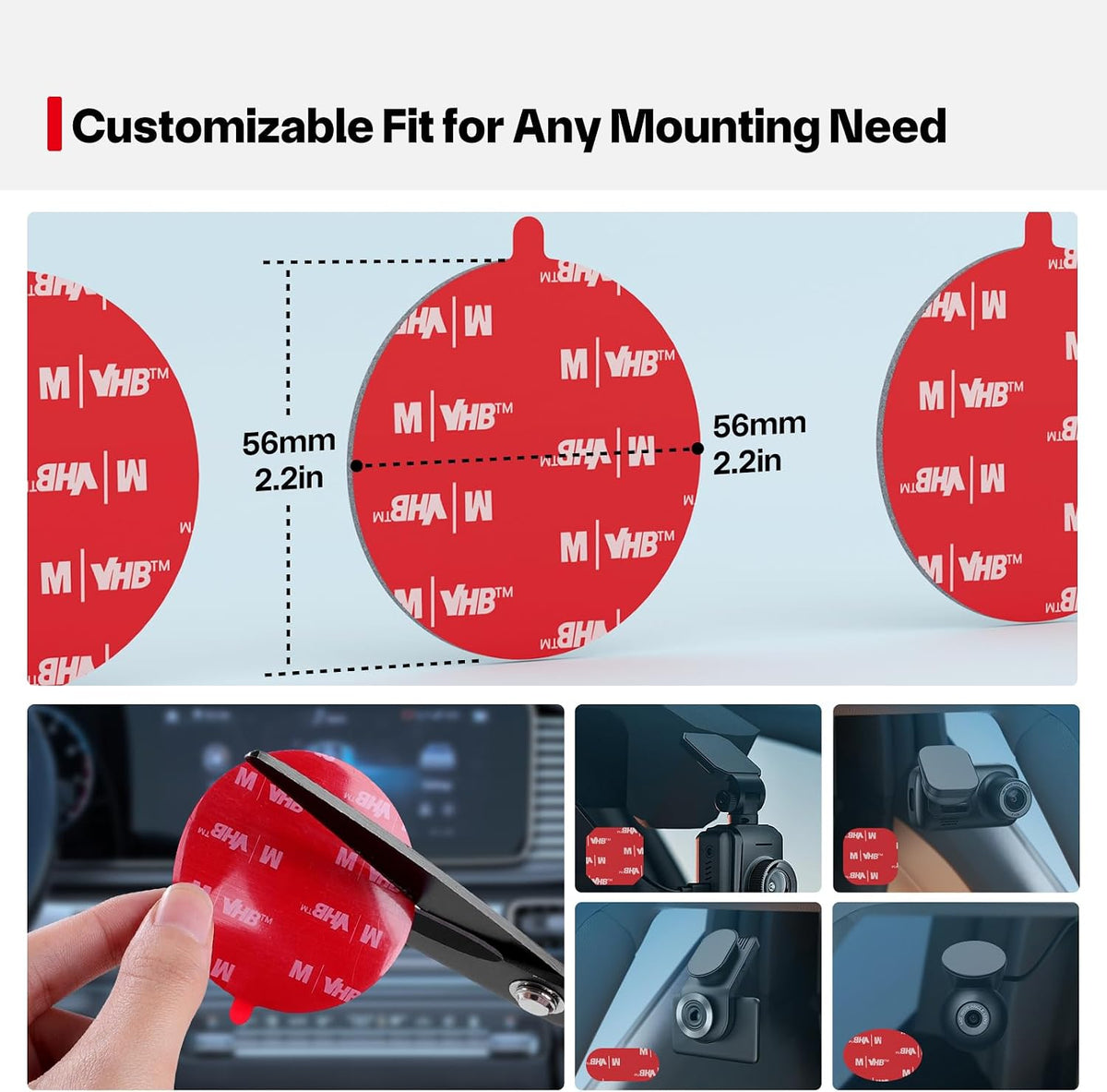 Dash Cam Sticky Pads, 6Pcs Dash Cam Mount Adhesive Pads, Double Sided Sticky Pads for Dashcam GoPro Car Camera Action Camera, Dashcam Sticky Pad for Windscreen & Dashboard, Cuttable Adhesive, 56mm