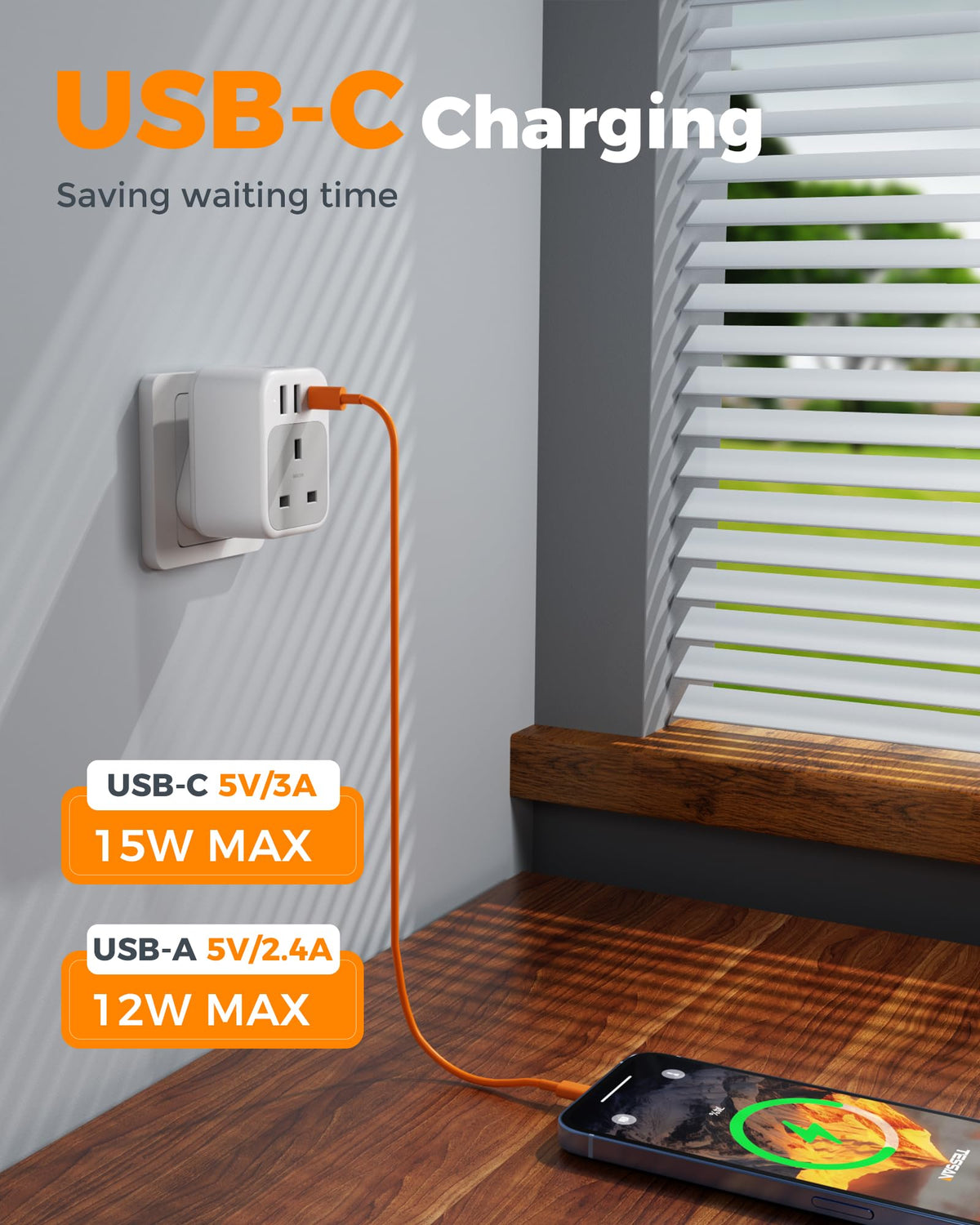 TESSAN UK to Italy Plug Adapter, Grounded Type L Travel Adaptor with USB C