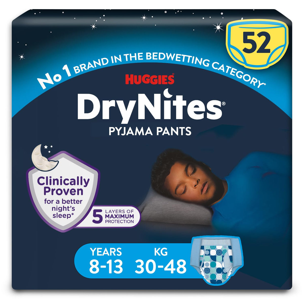 HUGGIES DryNites, Pyjama Pants, Boys 4-7 Years (17-30KG), 64 x bedwetting Pants, Up to 100% Leak Free Nights