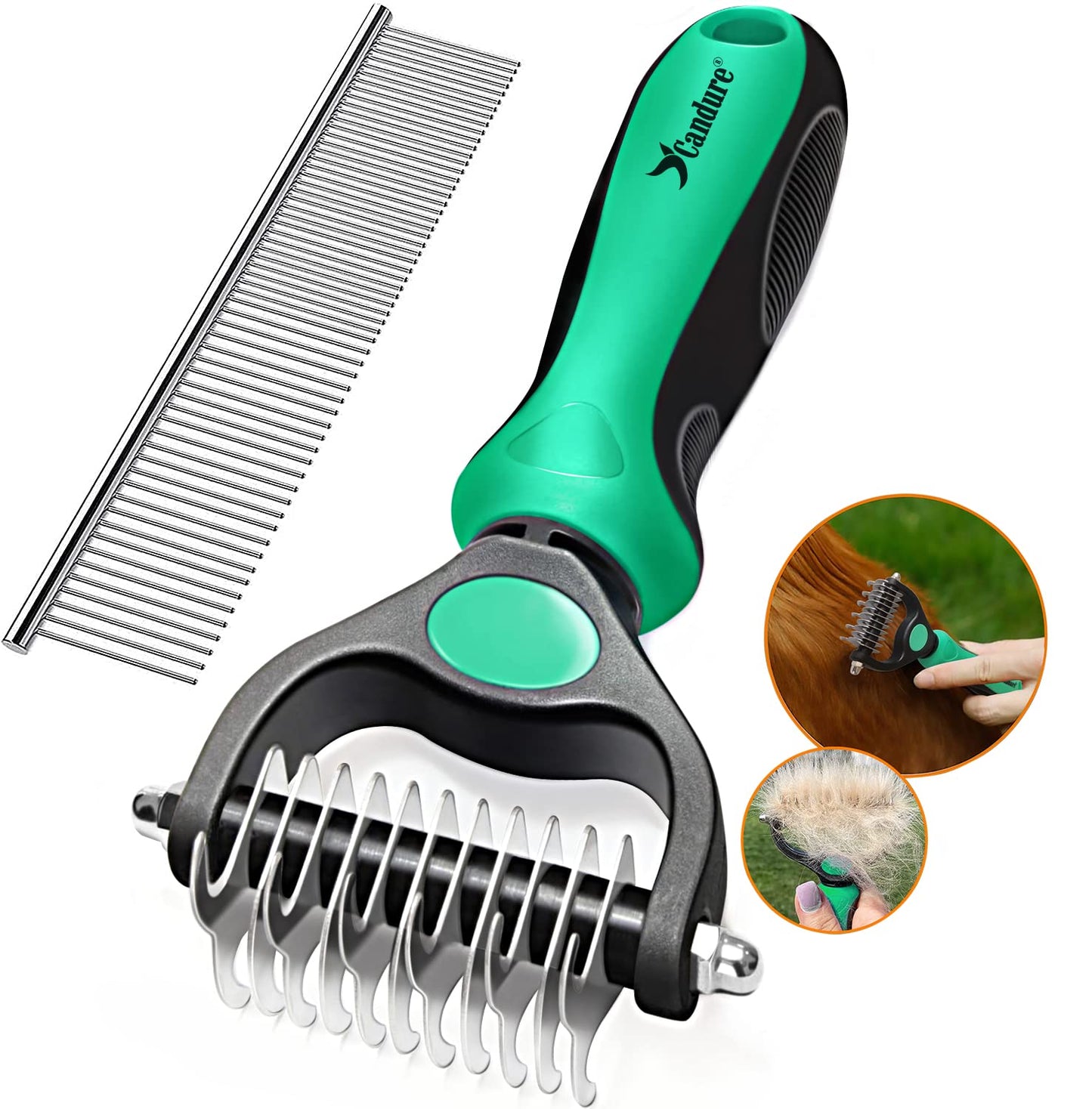 Candure Dematting Comb for Dog and Cat, Pet Grooming Rake and Brushes for Small, Medium & Large Dogs 17+9 Double Sided Deshedding Tool Removes Knots and Tangled Hair (Blue)