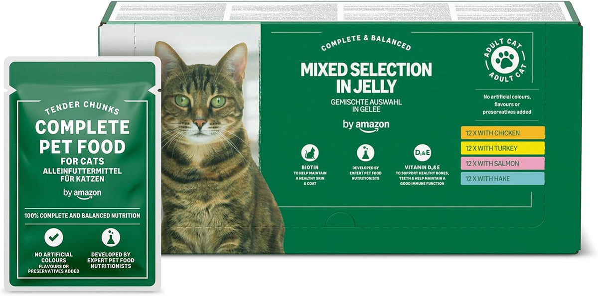 by Amazon Grain-Free Complete Wet Food for Adult Cats, Mixed Selection In Jelly, 4.8 kg (48 pouches of 100g)
