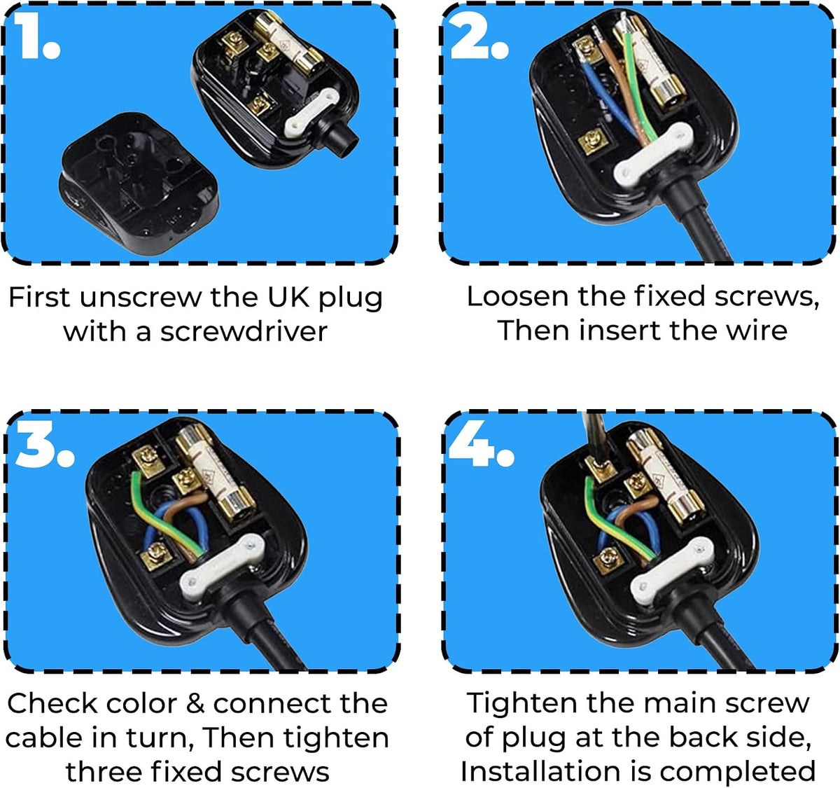 Double Dragon 13 Amp UK 3-Pin Plug | Heavy-Duty Rewireable Electrical Plug | Durable & Safe PC Flame Retardant Material | BS1363 & BSI Certified | Cord Grip for Secure Wiring (Pack of 2, Black)