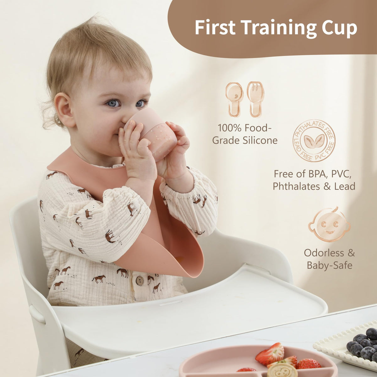 Moonkie Baby Cup | Silicone Open Cup Baby from 6 Months | Weighted Base (Anti-Tip) | BPA Free | Capacity Markings | 60ml (Ether)