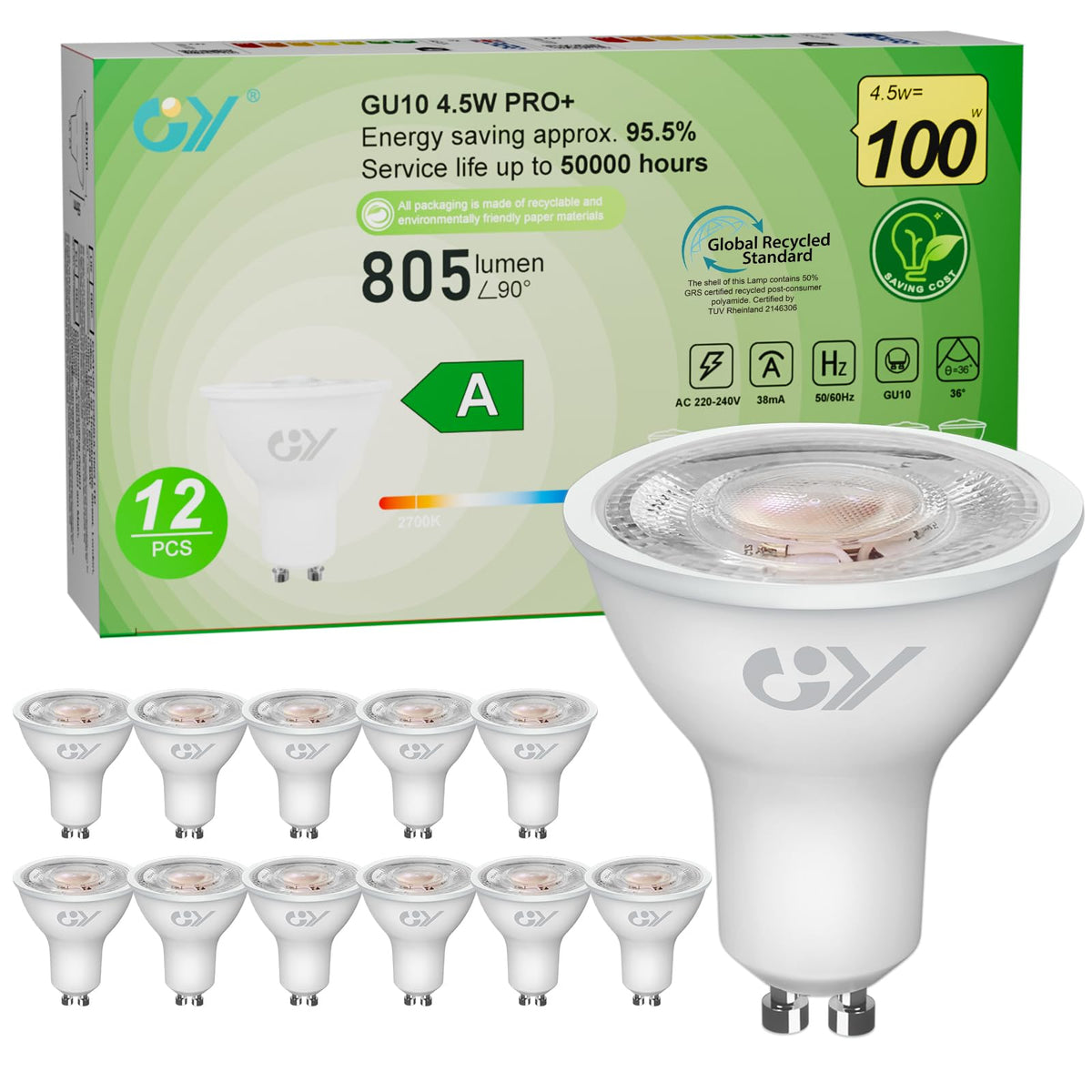 GY GU10 LED Bulb 4.9W 790lm Cool White 6500K Energy Saving LED Bulb, The New UK Energy Efficiency Class B Replaces 80W, 110°Beam Angle Non-Dimmable, 10 Pack
