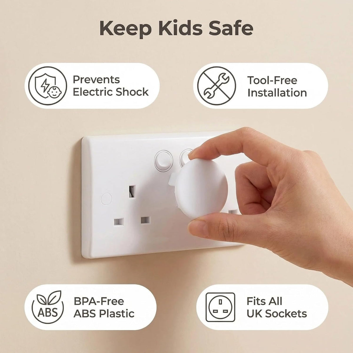 Baby Safety Socket Covers 10 Pack, Child Proof 3-Pin UK Plug Protectors, BPA-Free Socket Guards for Home Indoor, Easy to Install White