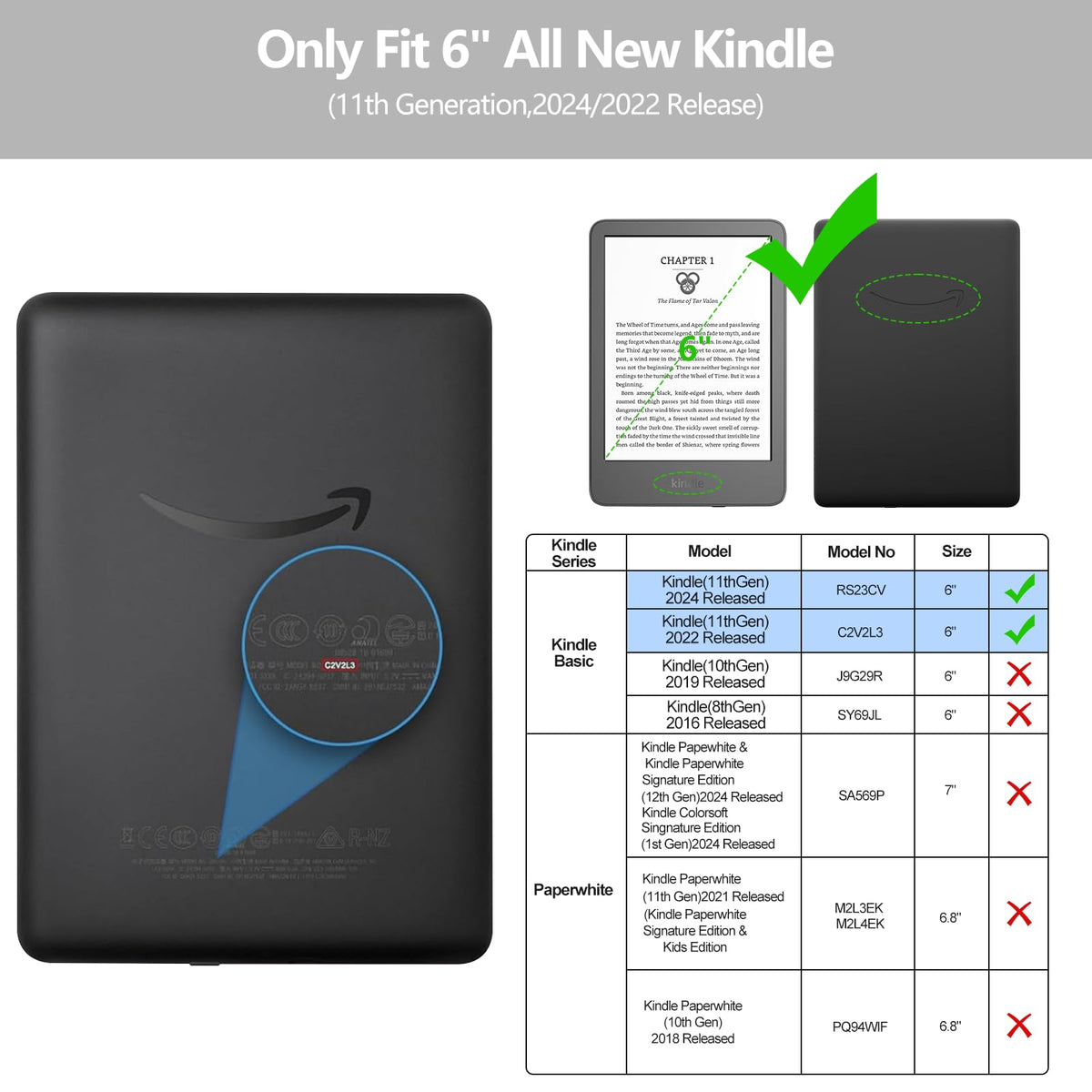 TQQ Case Fits 6" Amazon Kindle 11th Generation 2024 and 2022, Premium Slim and Lightweight Cover, Full Protection, Auto Sleep/Wake, Magnetic Closure (NOT fit Paperwhite or Oasis)