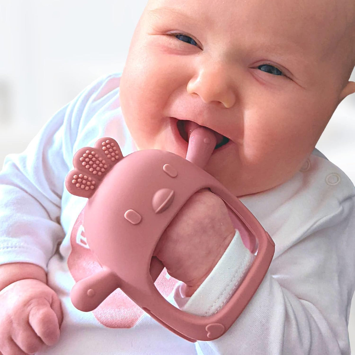 Infatot® Teething Toys for Baby Gifts – Chipmunk Silicone Mitten Teether, Soothing Glove for Infants, Baby Toys 0-6 Months, Soft Chewable Teether Toy to Prevent Finger Sucking, CM Blue.