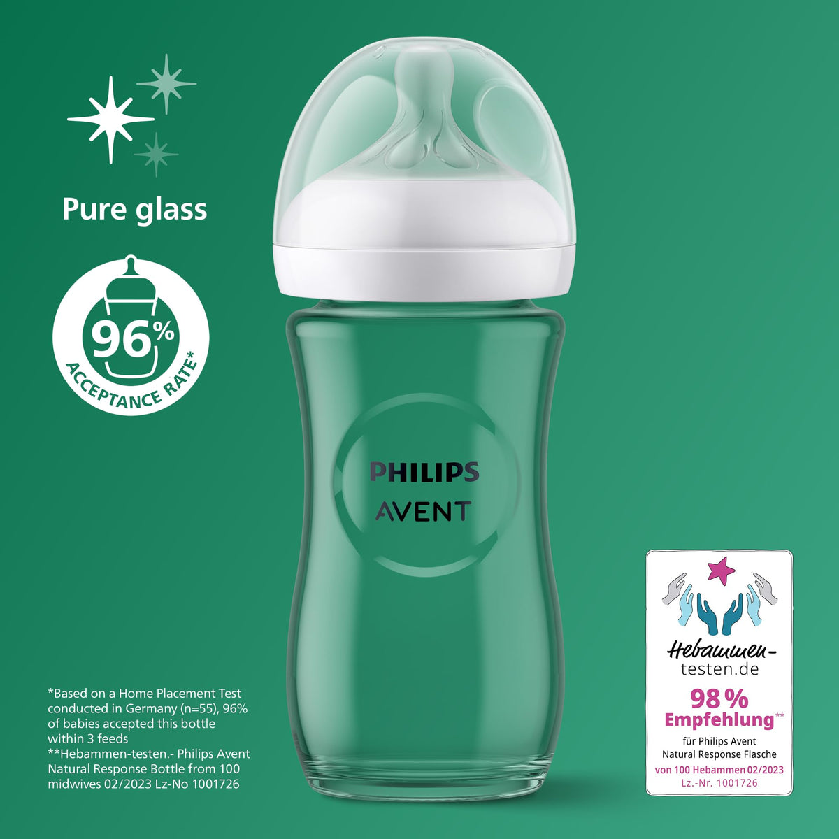 Philips Avent Natural Response Glass Baby Bottles 8oz/240 ml with Medium Flow Teats (Flow 3), 2 Pack, SCY933/02