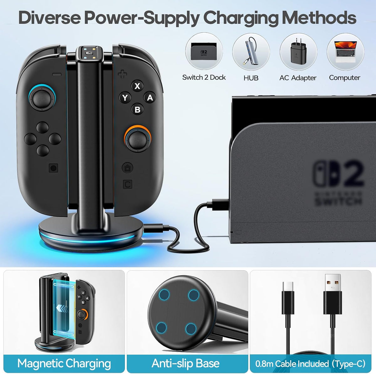Rysker RGB Switch 2 Controller Charger for Joy-pad 2, 2H Fast Joycon 2 Charging Dock for Any Direction Charging, 9 Light Modes Switch 2 Joycon Charger Station