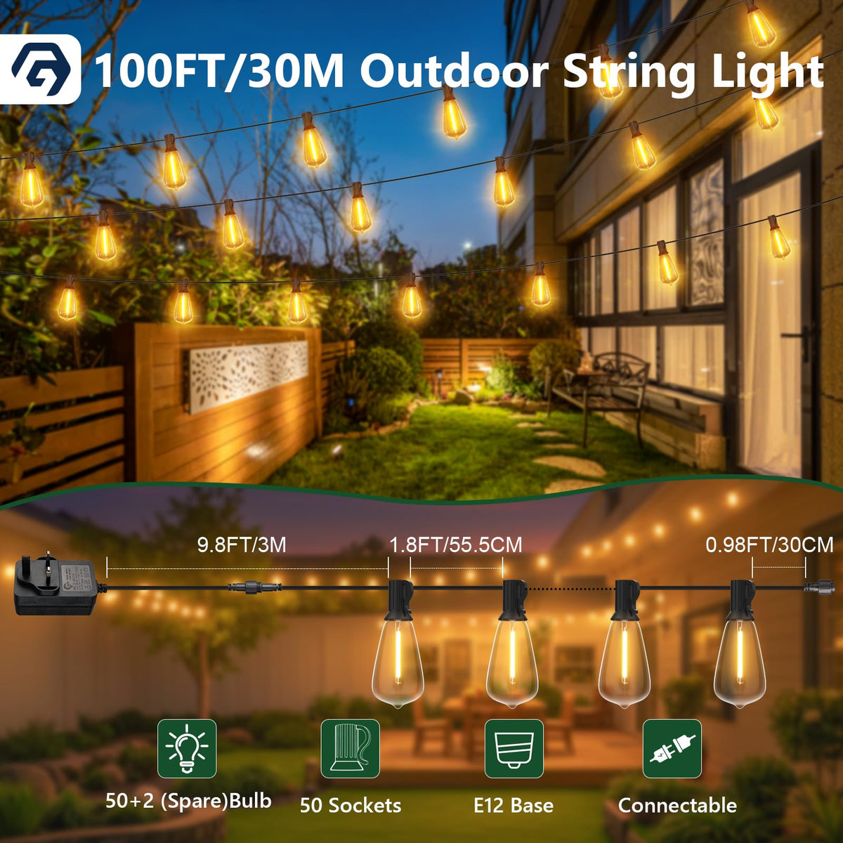 GPATIO Garden Lights, 30FT/9M LED Festoon Lights with 16 Shatterproof Bulbs